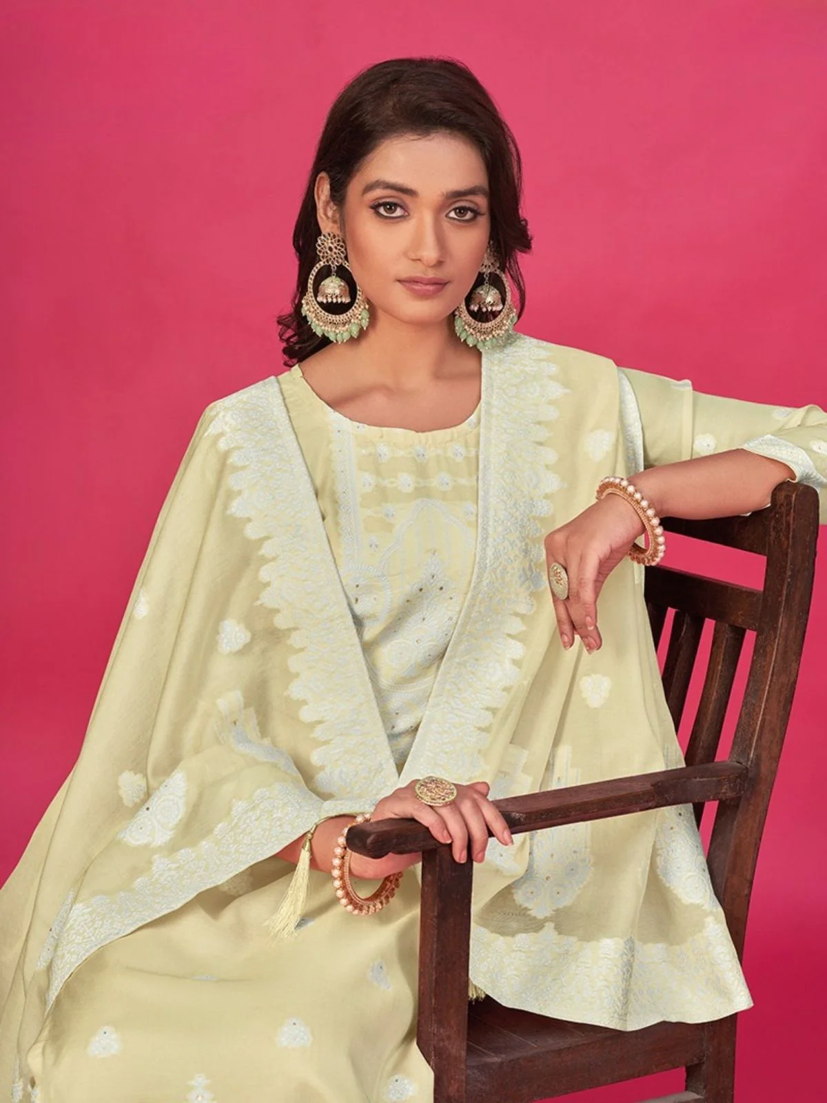 Odette Lime Organza Embroidered Semi-Stitched Kurta Set For Women - Image 2