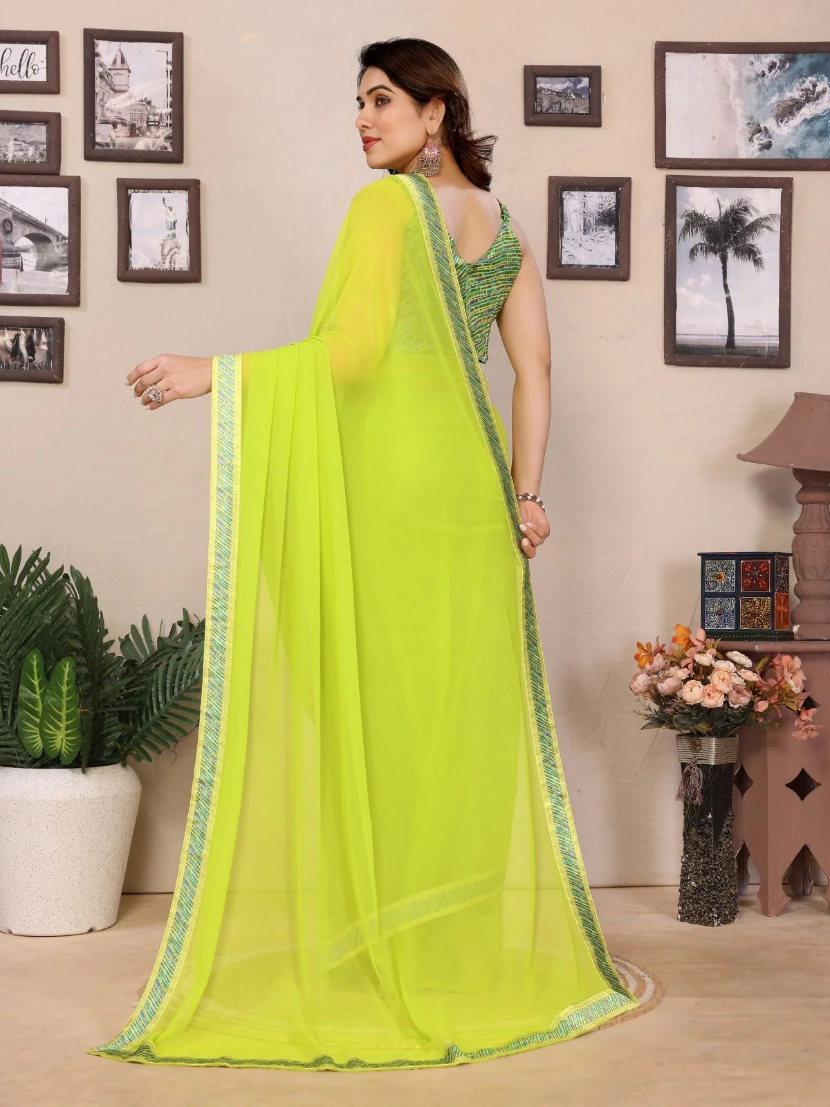 Odette Lime Yellow Georgette Printed Saree For Women - Image 3
