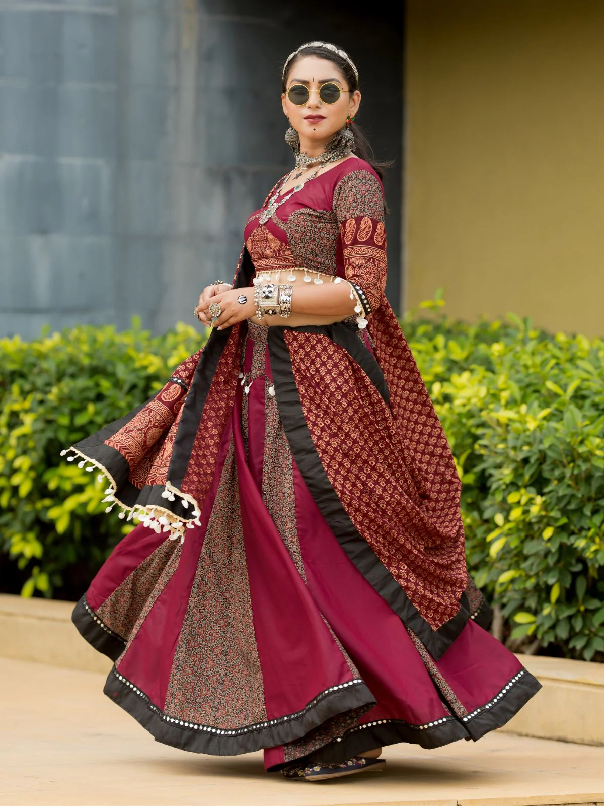 Odette Magenta And Maroon Printed Cotton Stitched Lehenga With Blouse For Women - Image 2