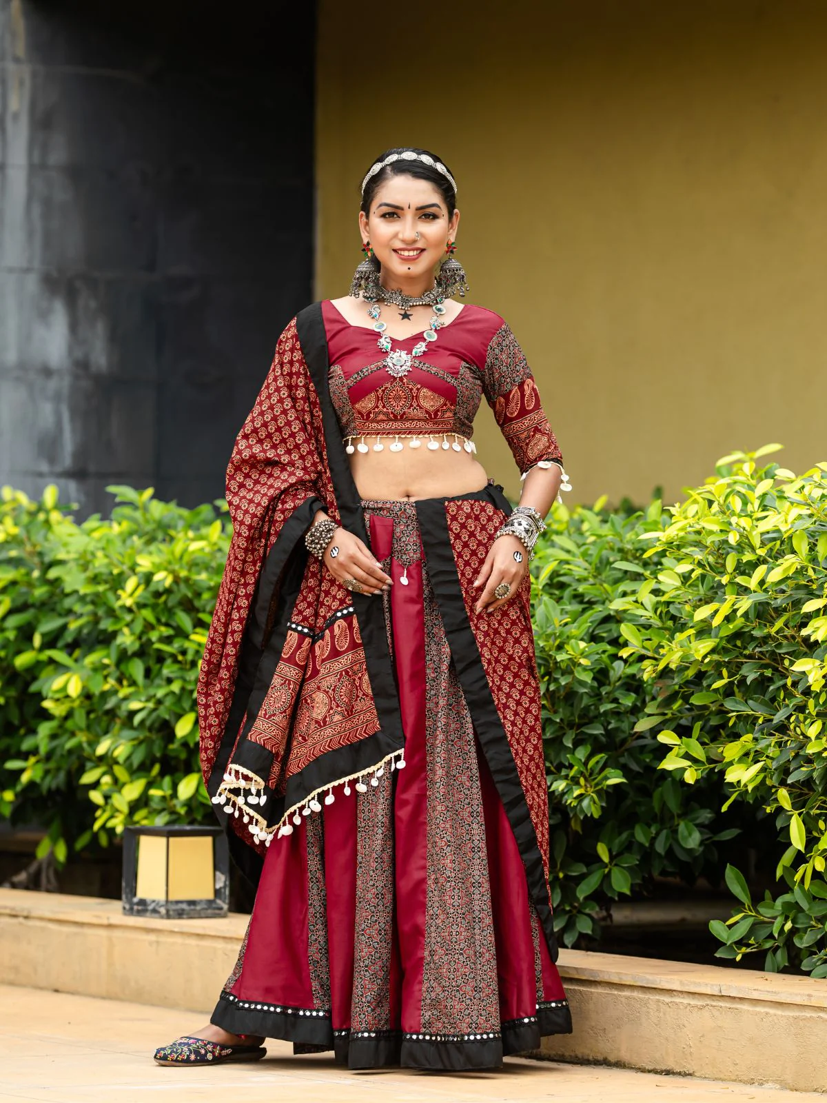 Odette Magenta And Maroon Printed Cotton Stitched Lehenga With Blouse For Women - Image 3