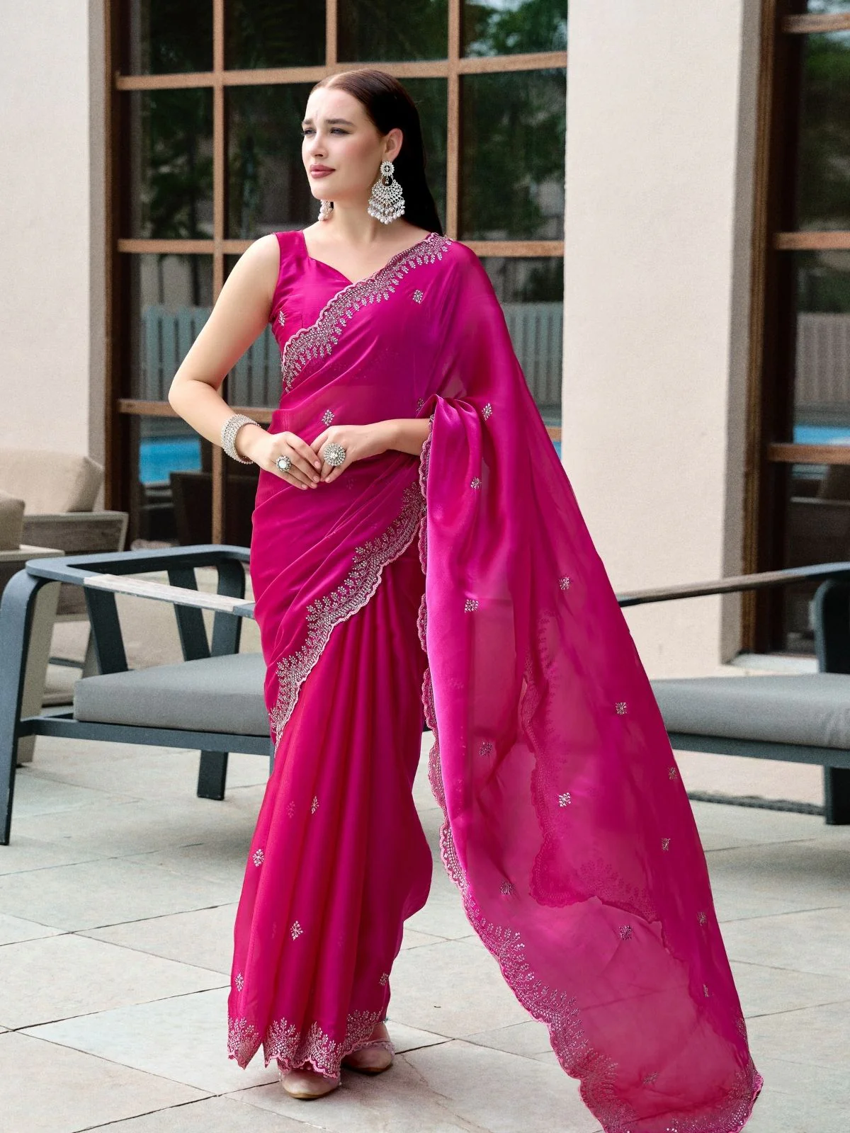Odette Magenta Chiffon Embellished Saree For Women