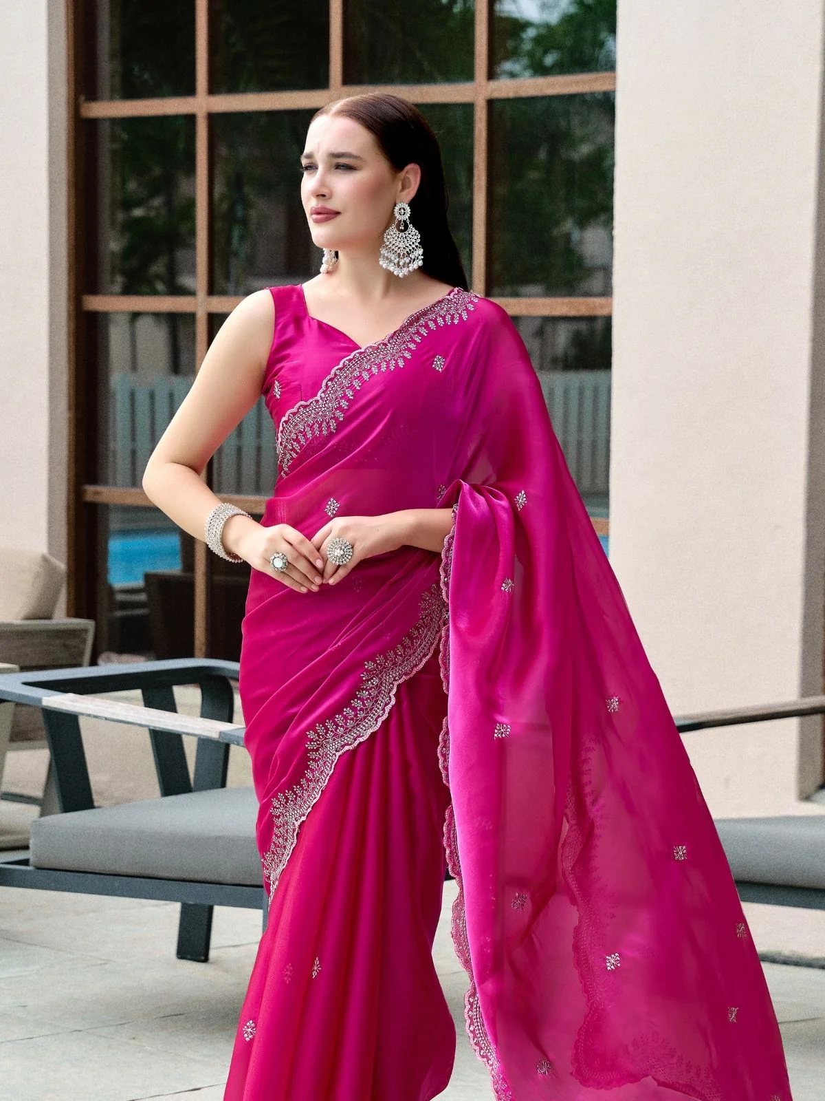 Odette Magenta Chiffon Embellished Saree For Women - Image 5