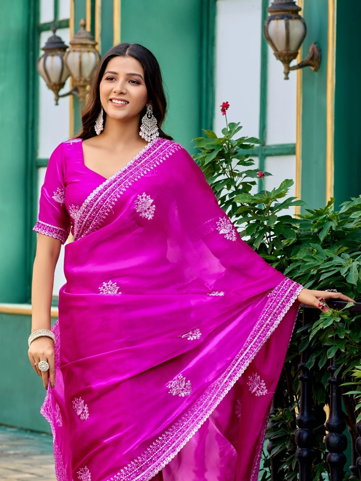 Odette Magenta Chiffon Embroidered Saree For Women - Image 5