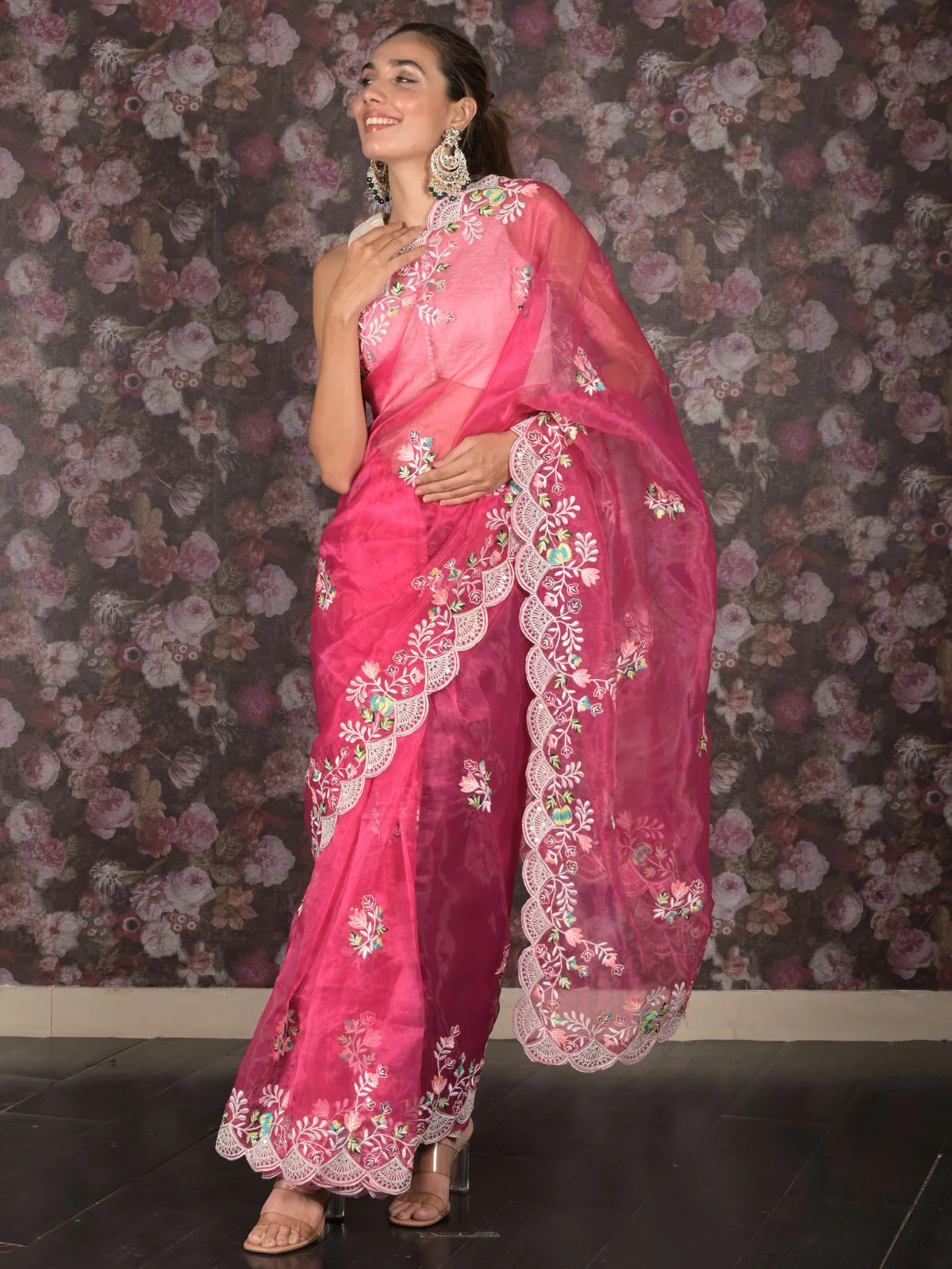 Odette Magenta Embroidered Organza Saree for Women - Image 2
