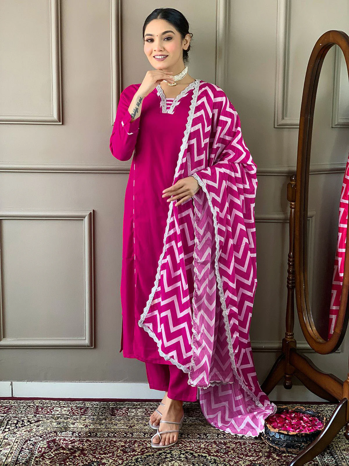 Odette Magenta Embroidered Viscose Silk Stitched Kurta Salwar Set For Women