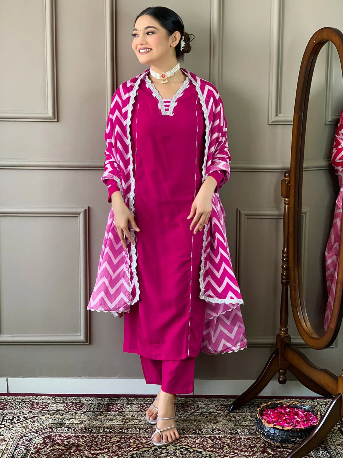Odette Magenta Embroidered Viscose Silk Stitched Kurta Salwar Set For Women - Image 2