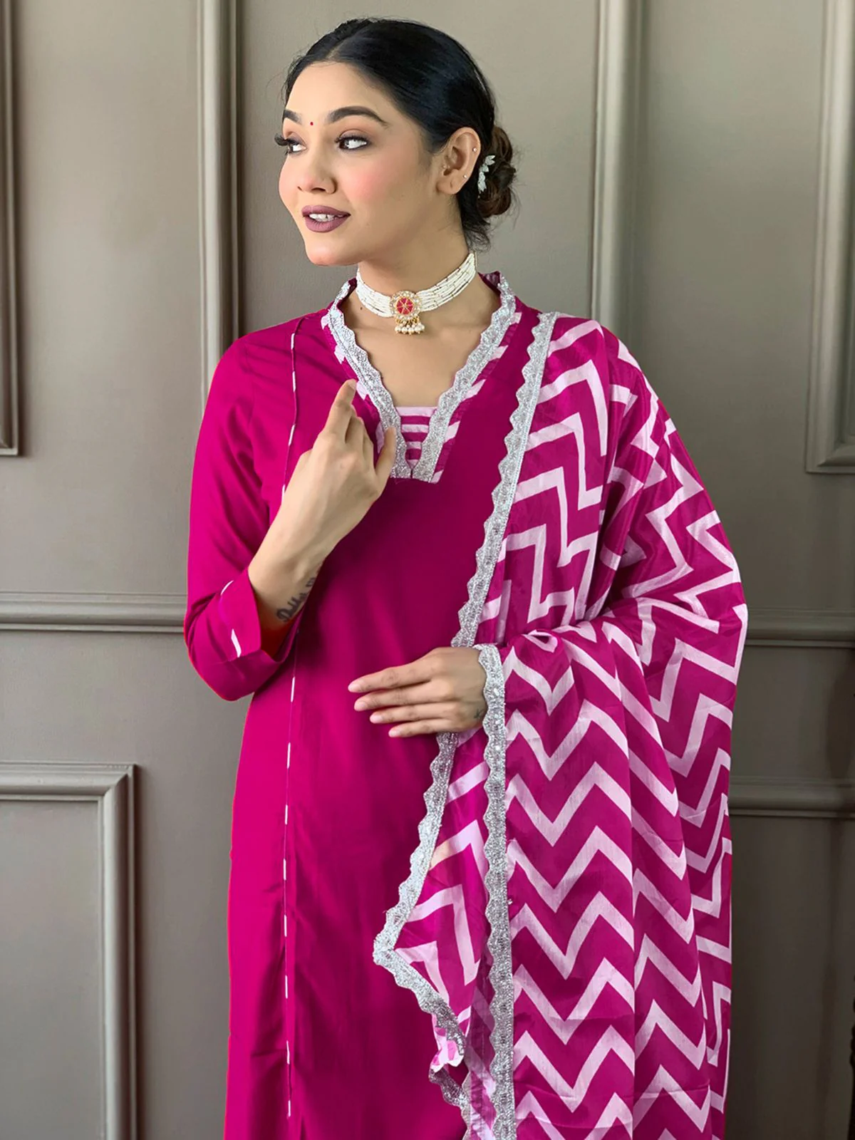 Odette Magenta Embroidered Viscose Silk Stitched Kurta Salwar Set For Women - Image 4