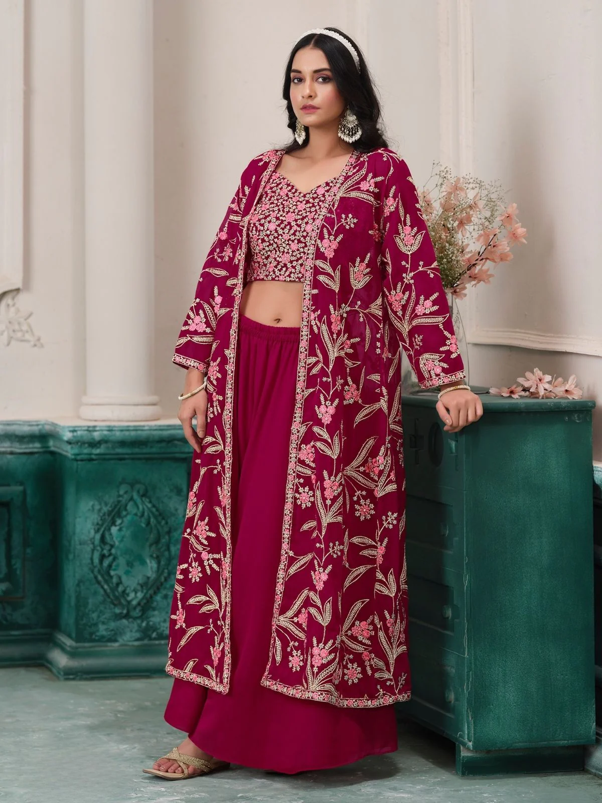 Odette Magenta Georgette Embroidered Semi-Stiched Co-Ord Set For Women - Image 2