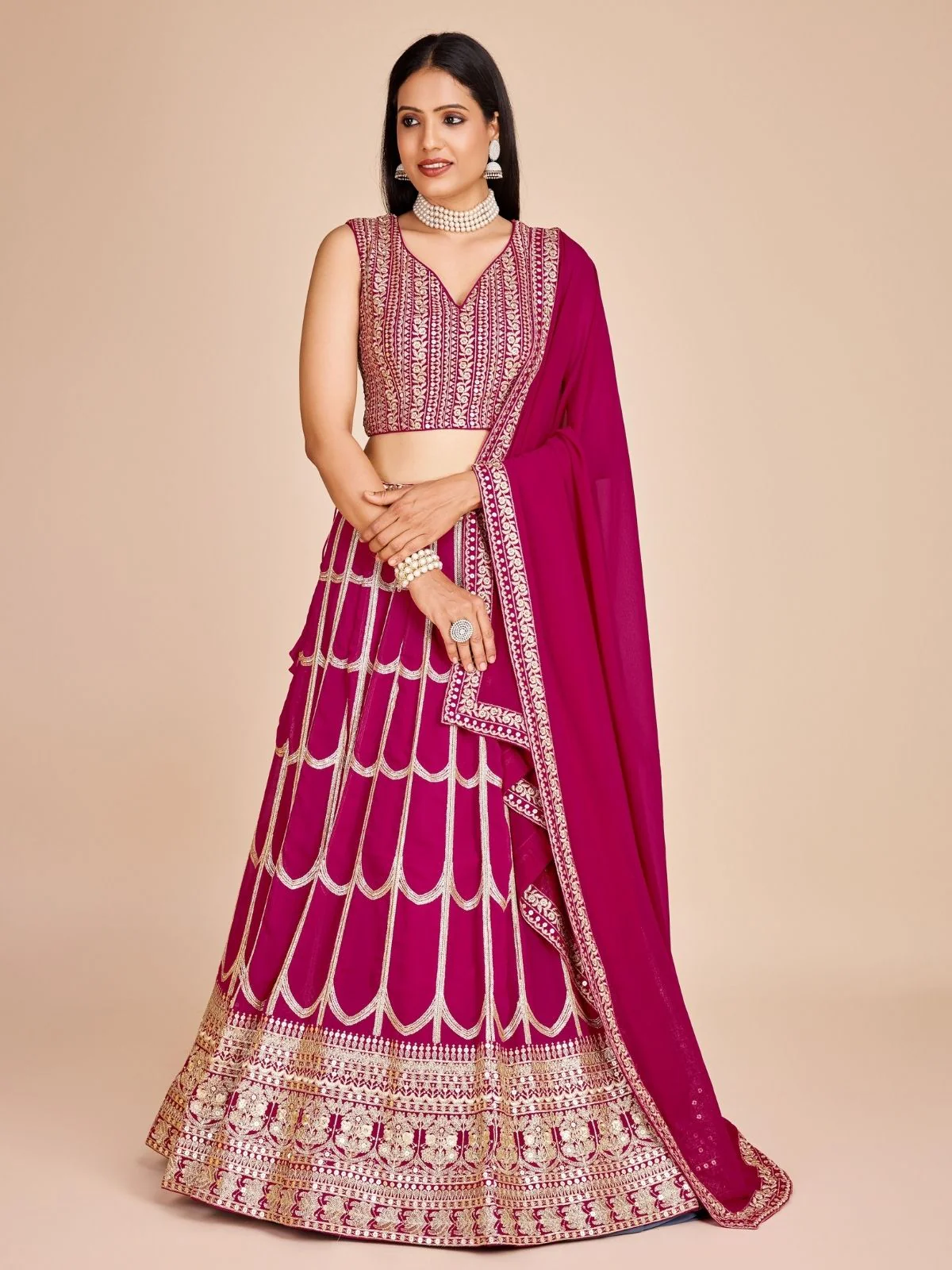 Odette Magenta Georgette Embroidered Semi-Stitched Lehenga For Women