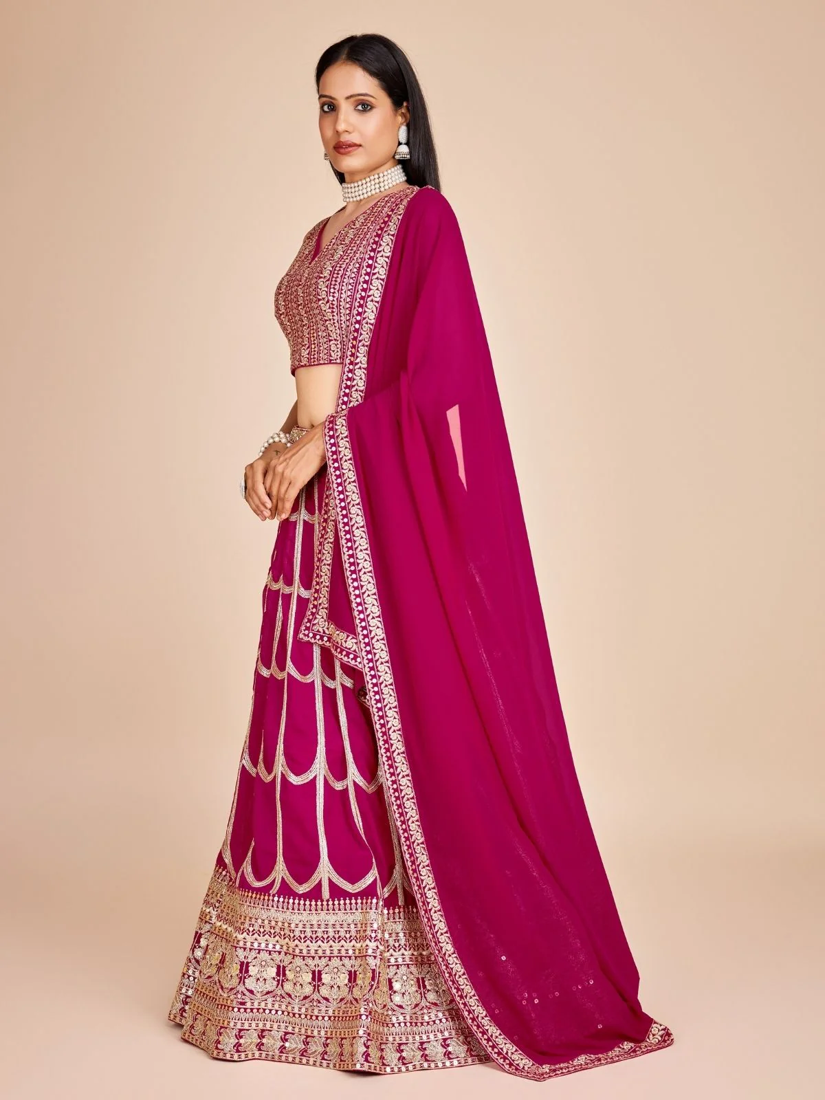 Odette Magenta Georgette Embroidered Semi-Stitched Lehenga For Women - Image 3