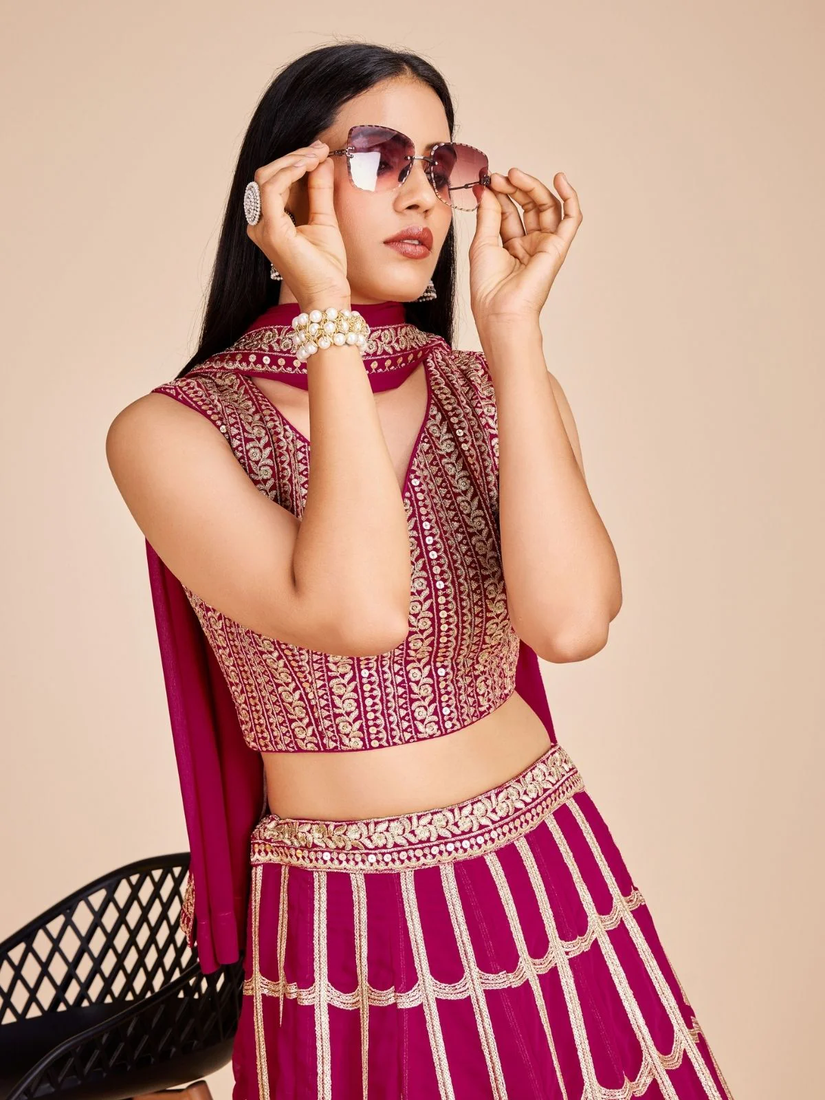 Odette Magenta Georgette Embroidered Semi-Stitched Lehenga For Women - Image 4