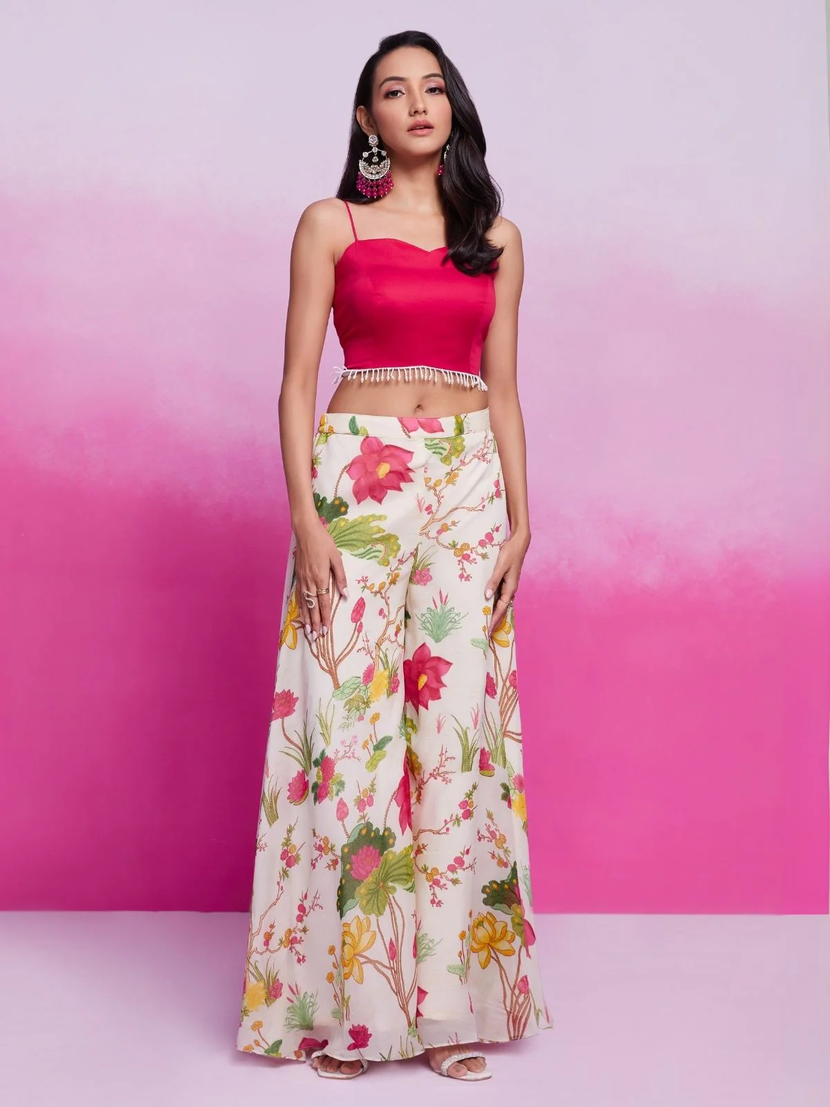Odette Magenta Organza Printed Stitched Co-Ord Set For Women - Image 2