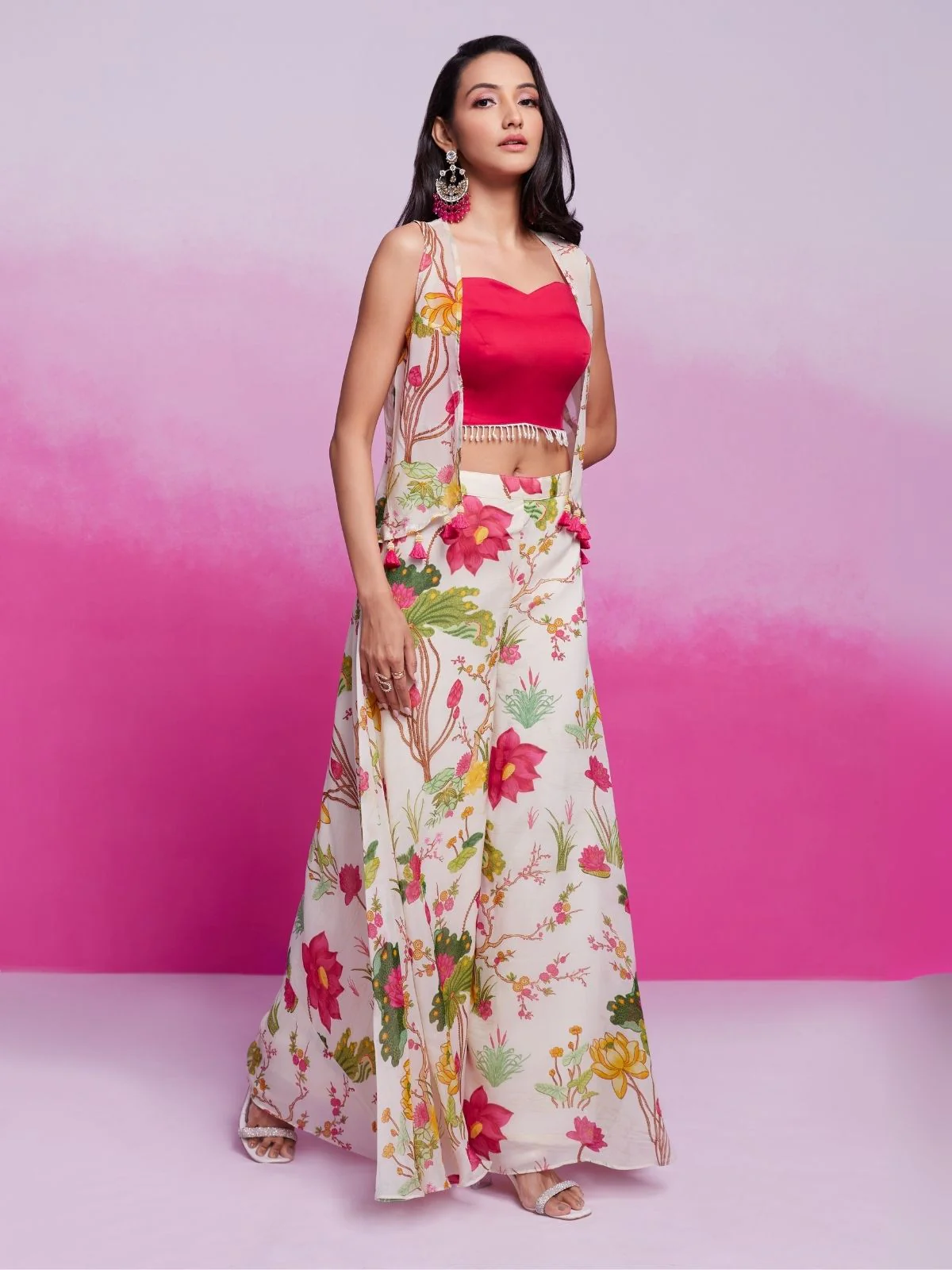 Odette Magenta Organza Printed Stitched Co-Ord Set For Women - Image 3