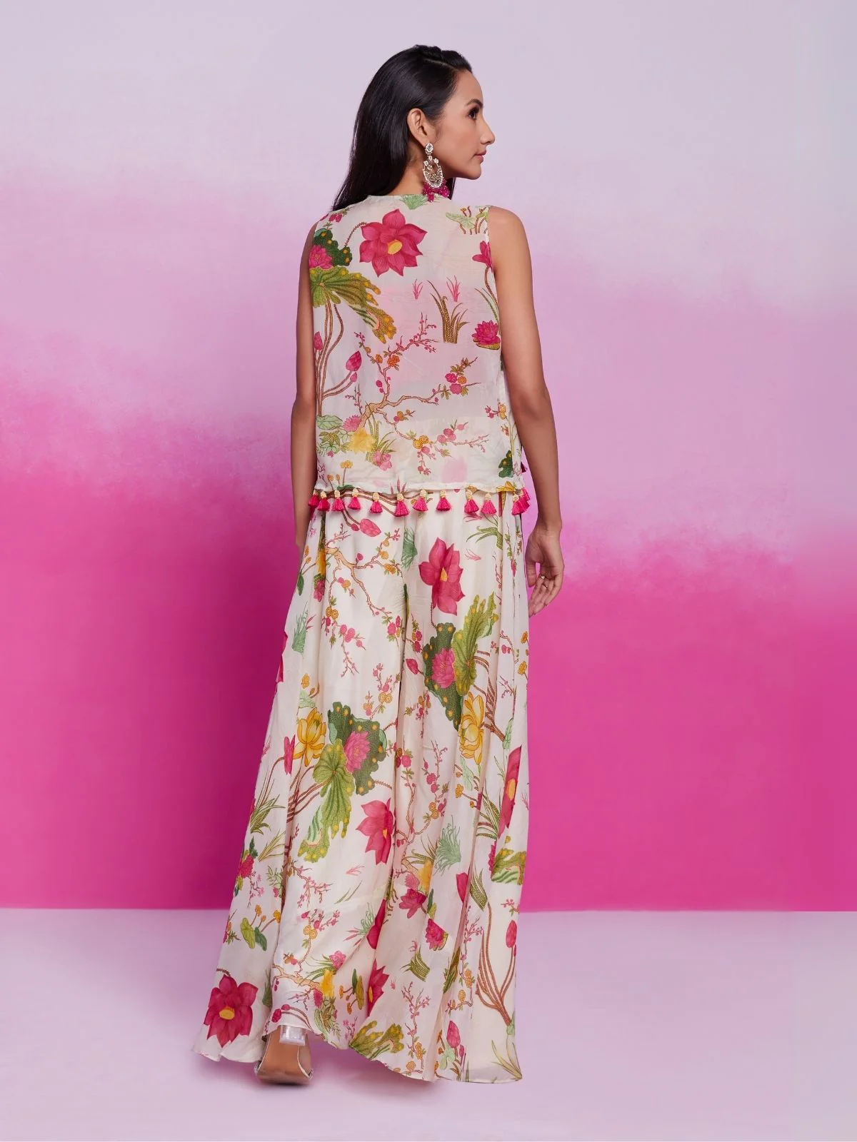 Odette Magenta Organza Printed Stitched Co-Ord Set For Women - Image 4