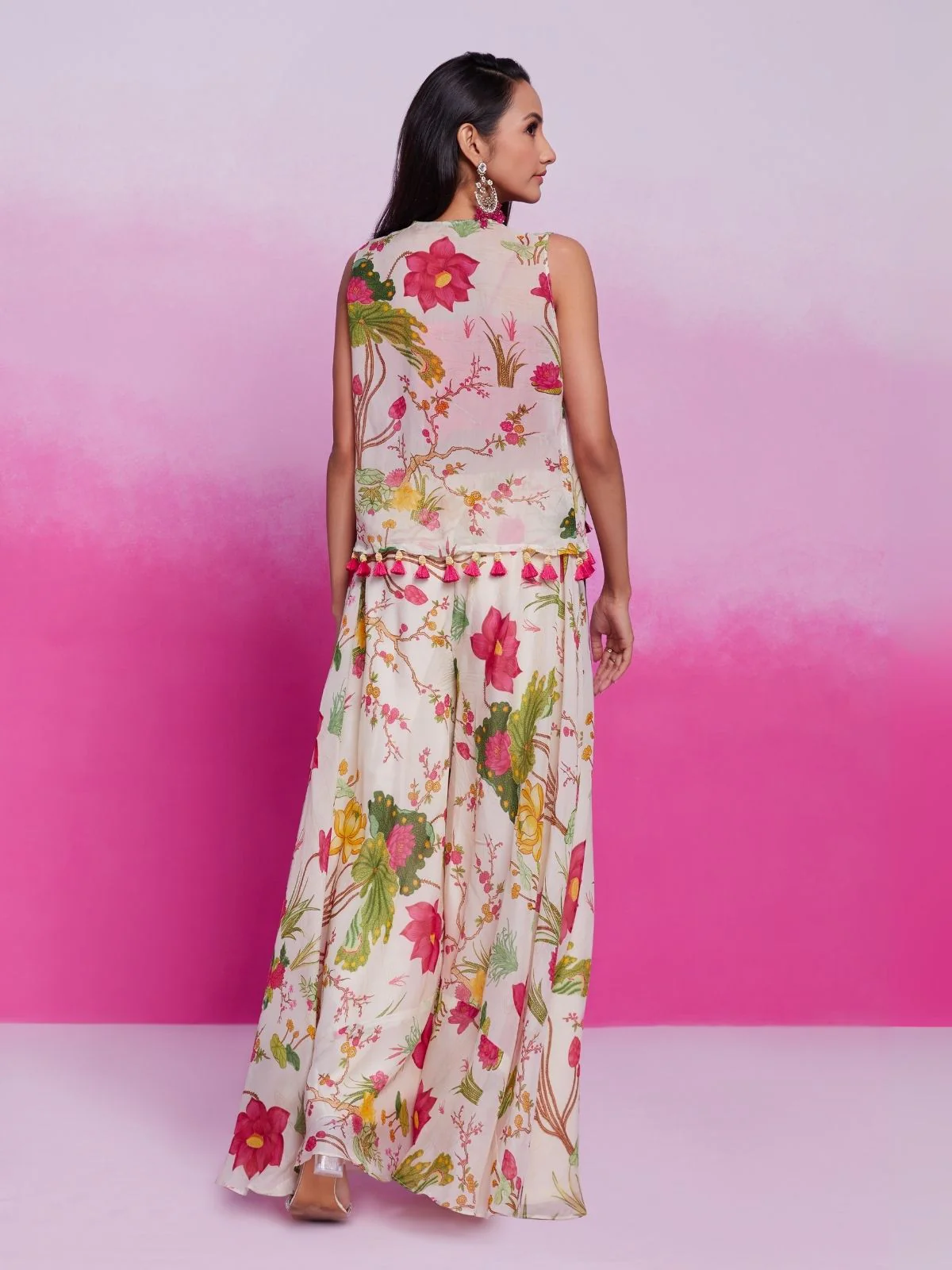 Odette Magenta Organza Printed Stitched Co-Ord Set For Women - Image 5