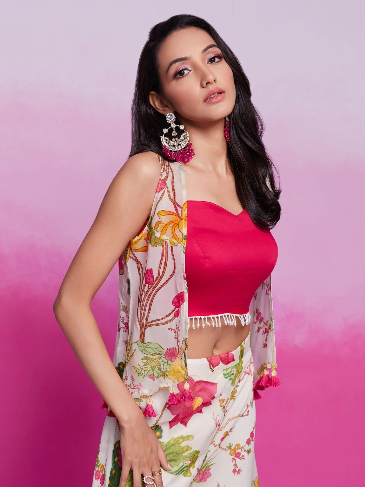 Odette Magenta Organza Printed Stitched Co-Ord Set For Women - Image 6