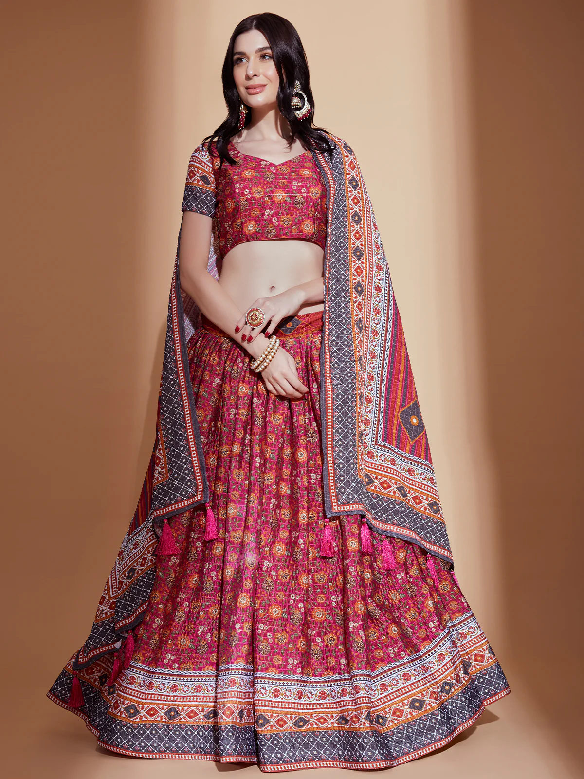 Odette Magenta Printed Chinnon Semi Stitched Lehenga With Unstitched Blouse  For Women - Image 2