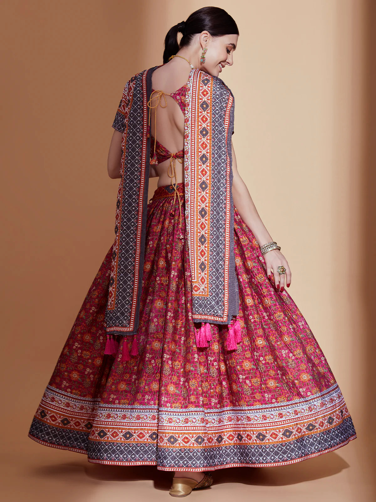 Odette Magenta Printed Chinnon Semi Stitched Lehenga With Unstitched Blouse  For Women - Image 3