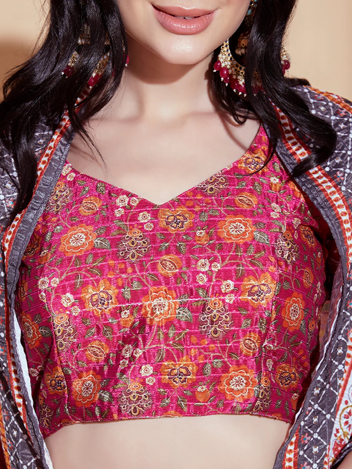 Odette Magenta Printed Chinnon Semi Stitched Lehenga With Unstitched Blouse  For Women - Image 5