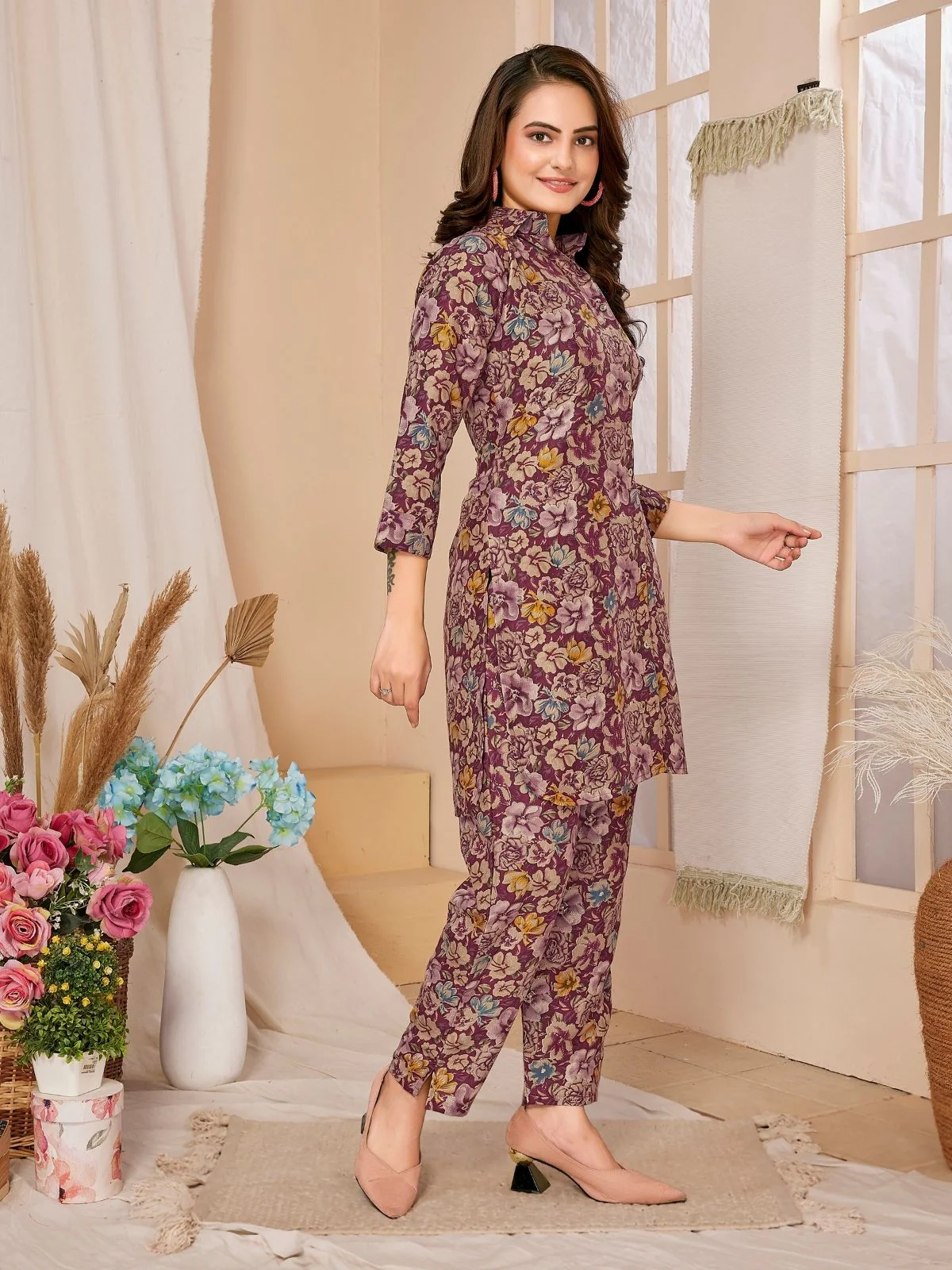 Odette Magenta Rayon Floral Printed Semi-Stitched Co-Ord Set For Women - Image 2