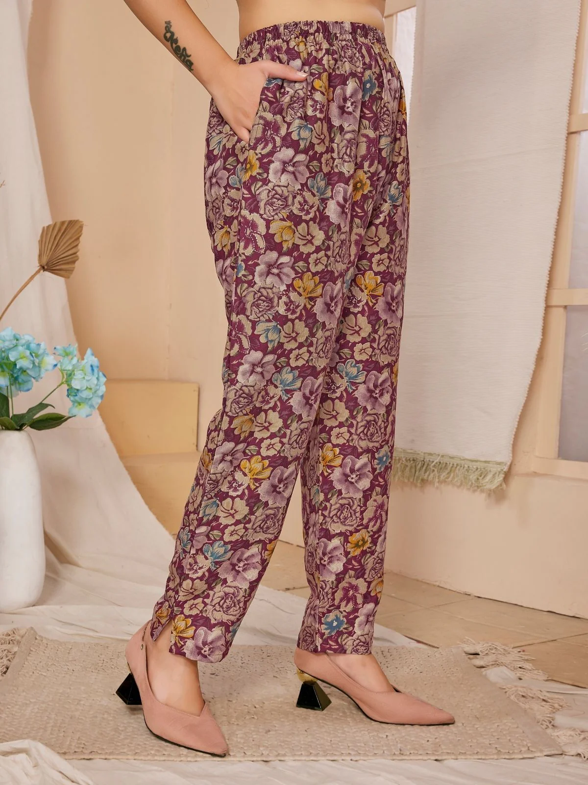 Odette Magenta Rayon Floral Printed Semi-Stitched Co-Ord Set For Women - Image 5