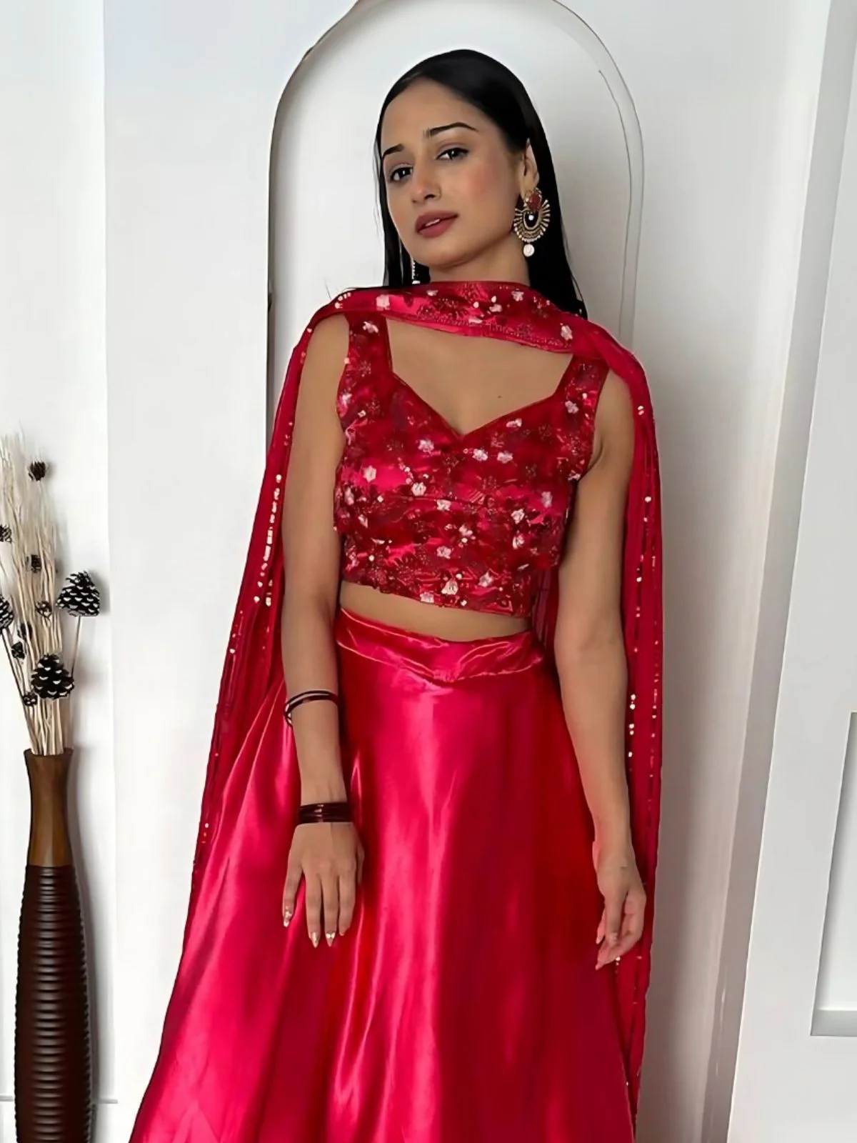 Odette Magenta Satin Silk Solid Semi-Stitched Lehenga For Women - Image 4