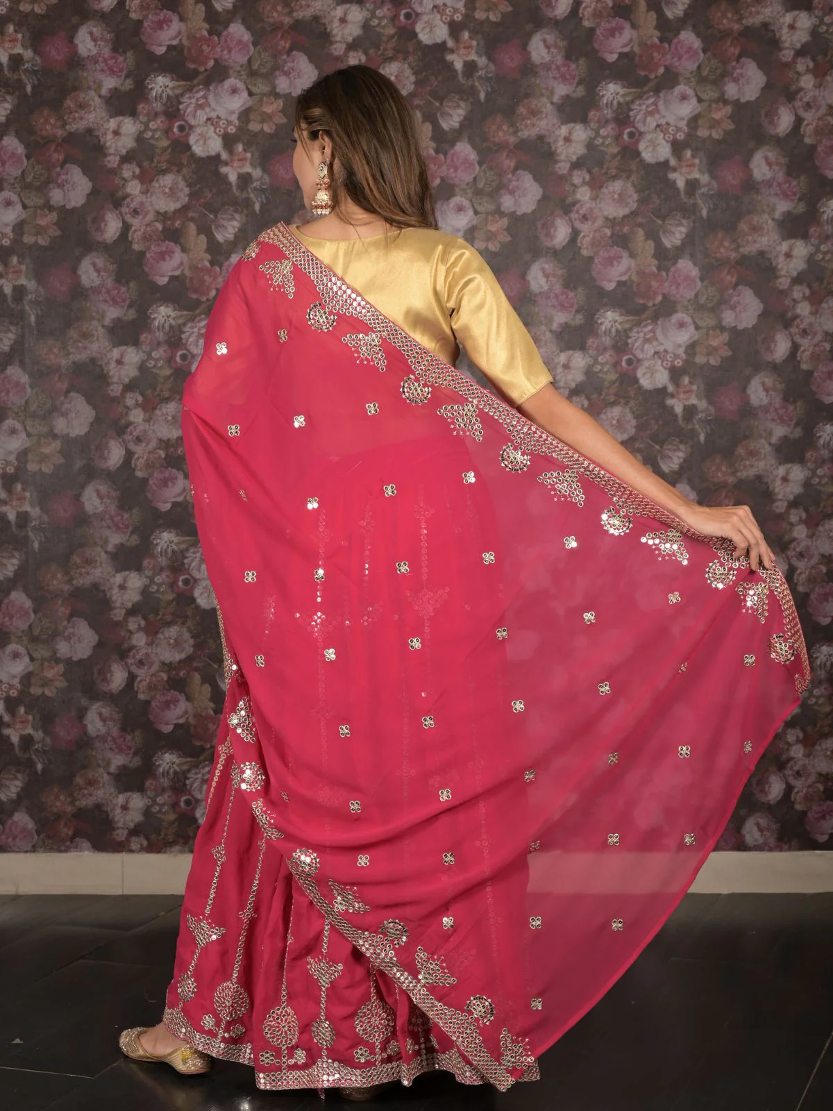 Odette Magenta Sequins Embroidered Semi-Stitched Georgette Lehenga with Unstitched Blouse for Women - Image 4