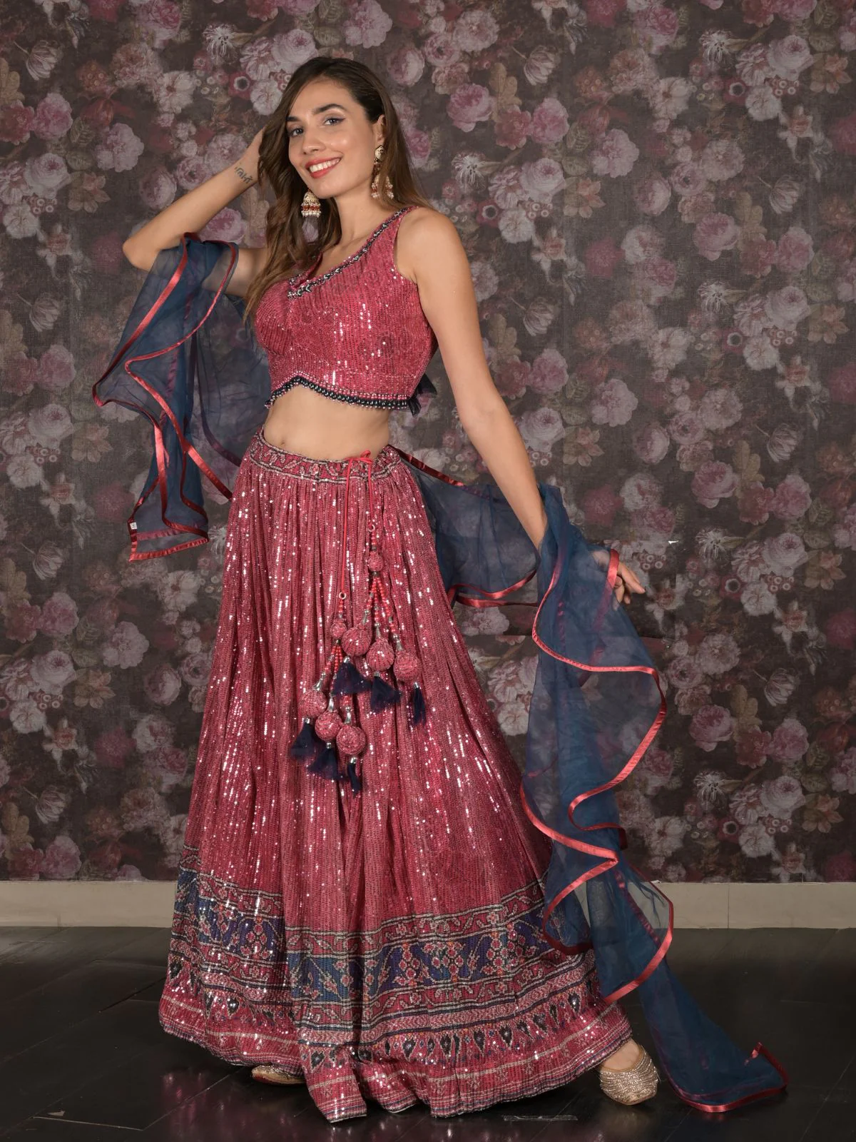Odette Magenta Sequins Embroidered Stitched Net Lehenga With Stitched Blouse For Women - Image 2