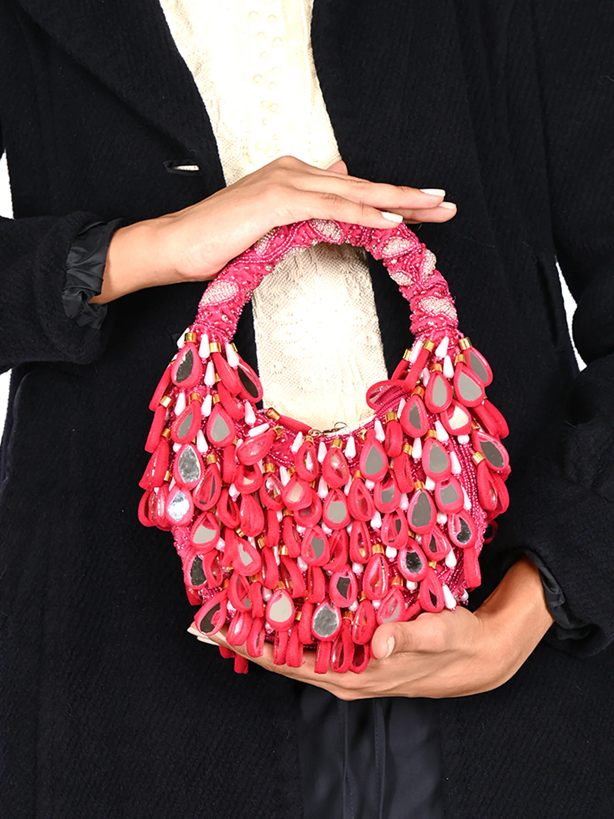 Odette Magenta Tasseled Moon Clutch For Women - Image 2