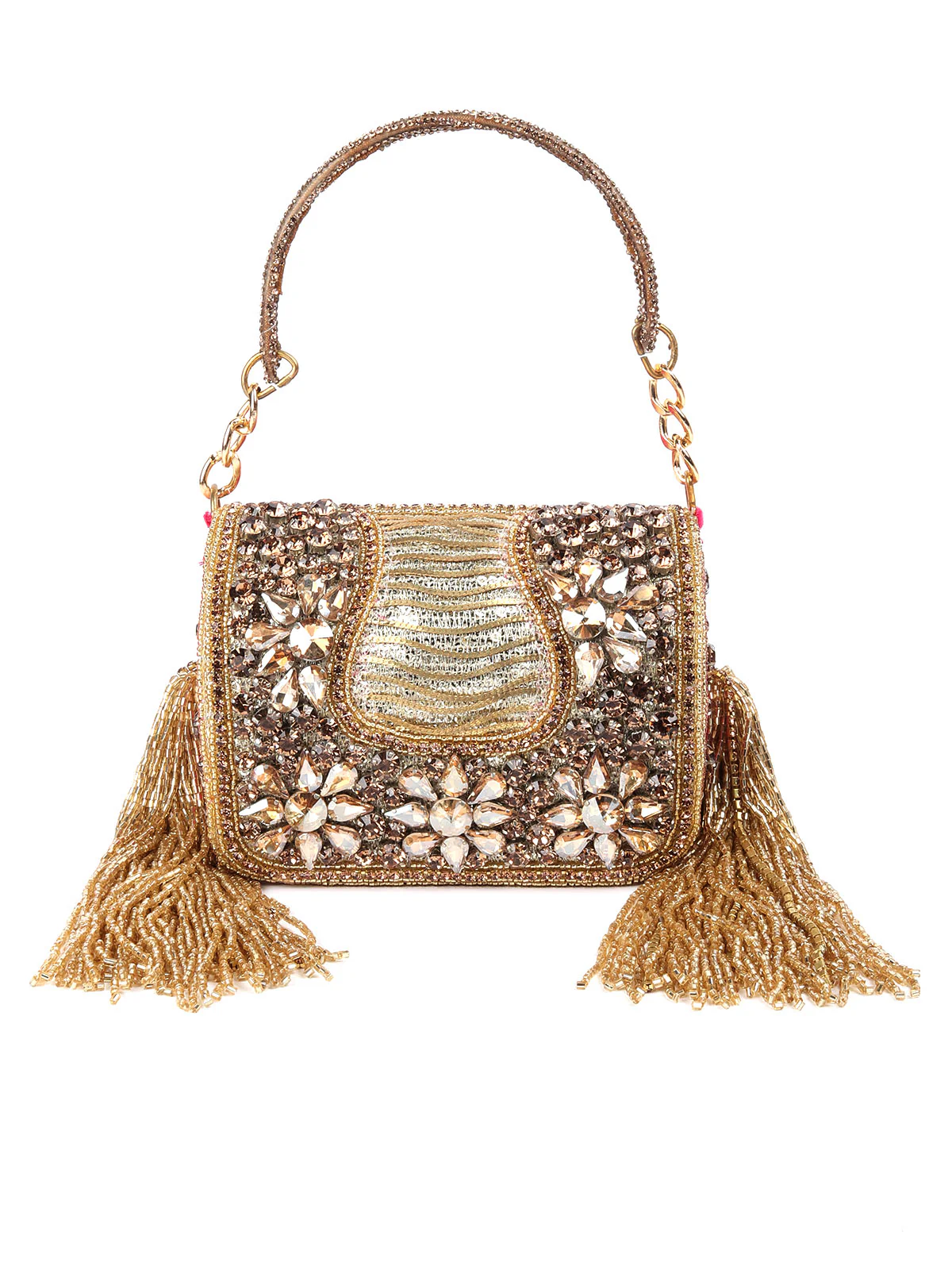 Odette Gold And Magenta Tassels Structured Clutch For Women - Image 4