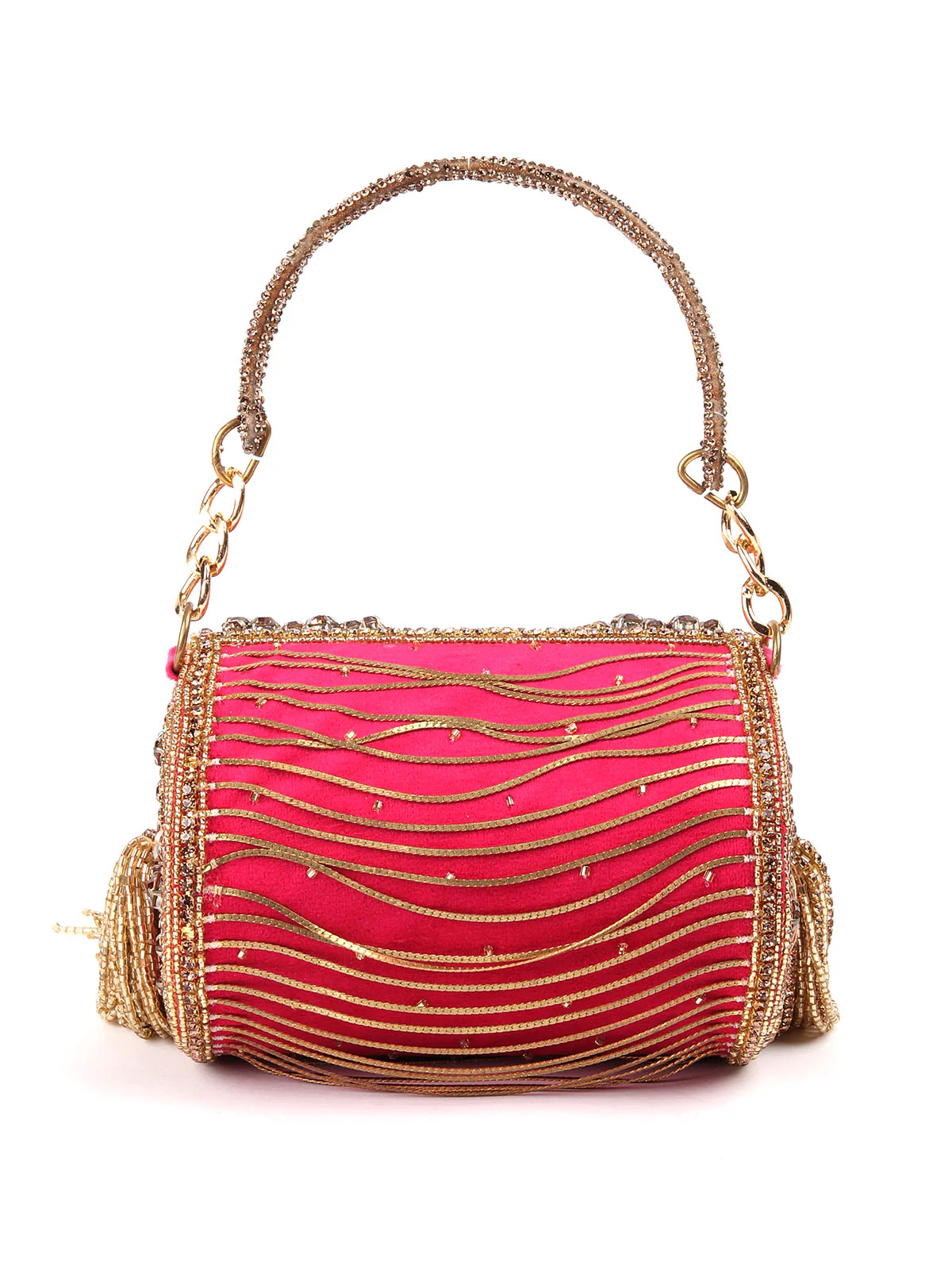 Odette Gold And Magenta Tassels Structured Clutch For Women - Image 6