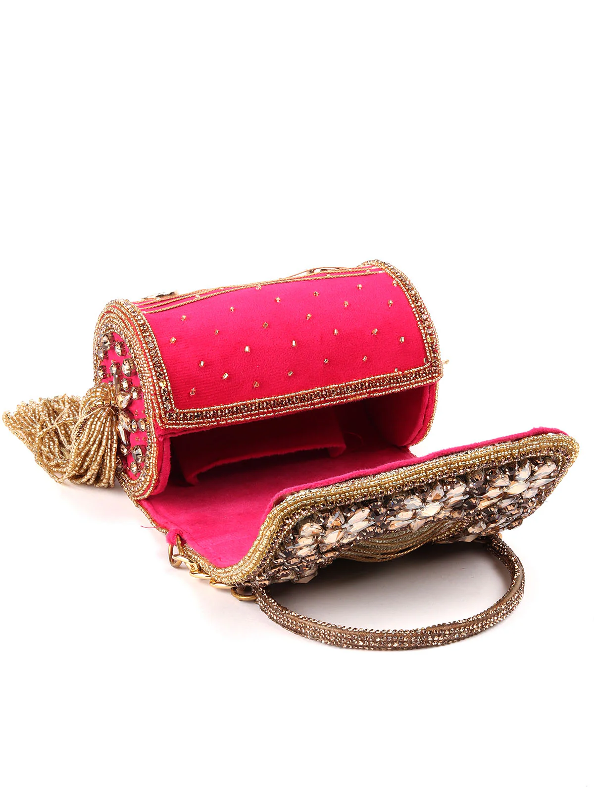 Odette Gold And Magenta Tassels Structured Clutch For Women - Image 7