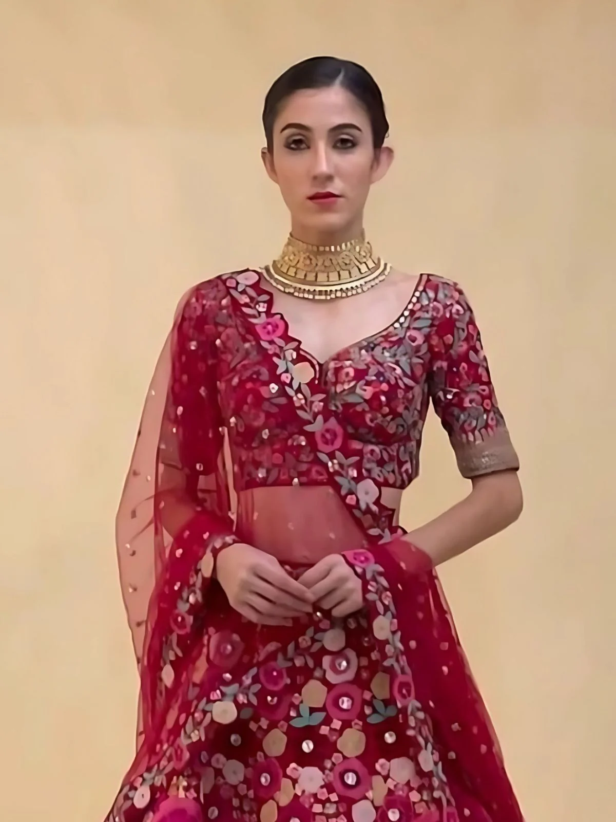 Odette Magenta Velvet Embroidered Semi-Stitched Lehenga For Women - Image 2