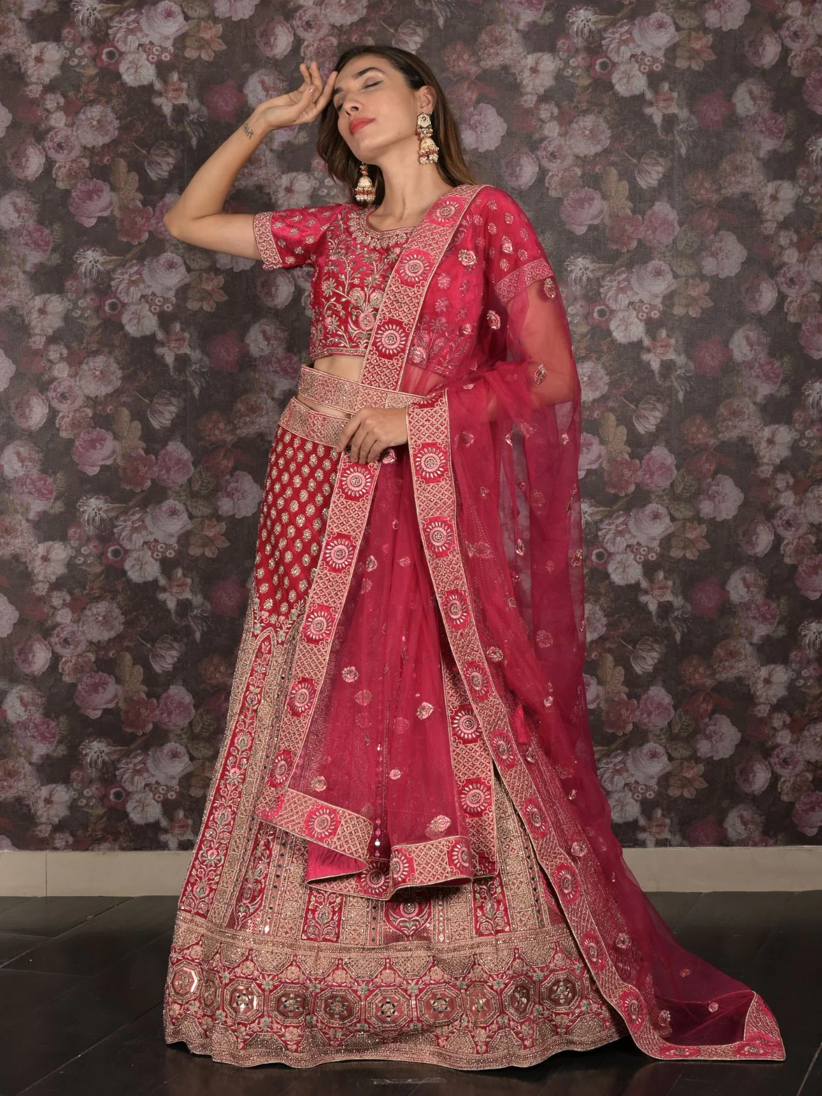 Odette Magenta Velvet Heavy Embroidered Semi Stitched Lehenga Set With Dupatta And Unstitched Blouse For Women - Image 2