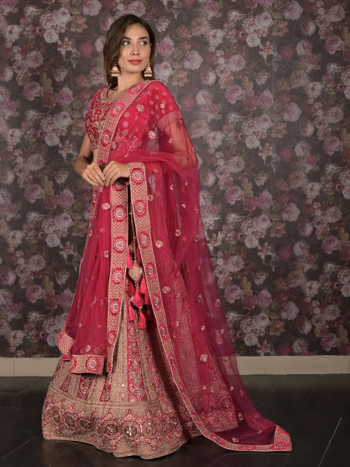Odette Magenta Velvet Heavy Embroidered Semi Stitched Lehenga Set With Dupatta And Unstitched Blouse For Women - Image 3