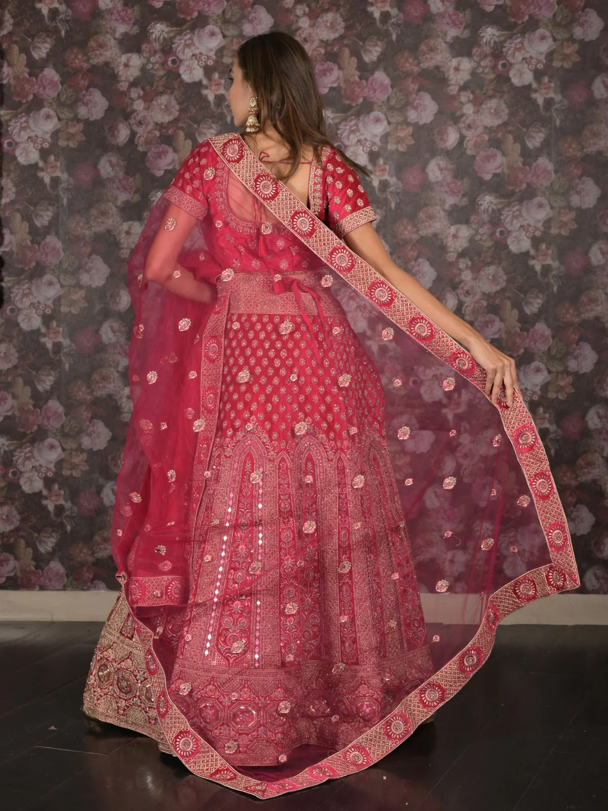 Odette Magenta Velvet Heavy Embroidered Semi Stitched Lehenga Set With Dupatta And Unstitched Blouse For Women - Image 4