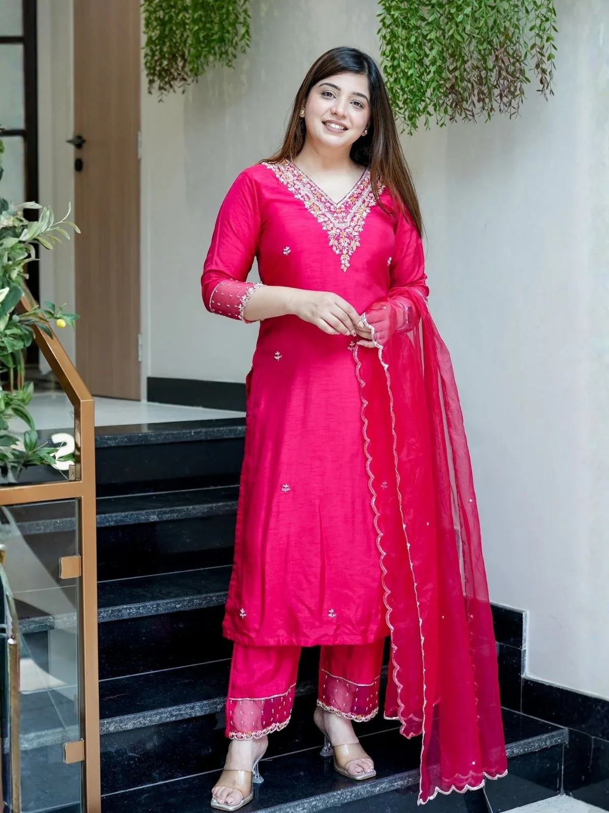 Odette Magenta Viscose Chanderi Embriodered Stitched Kurta Set For Women - Image 2