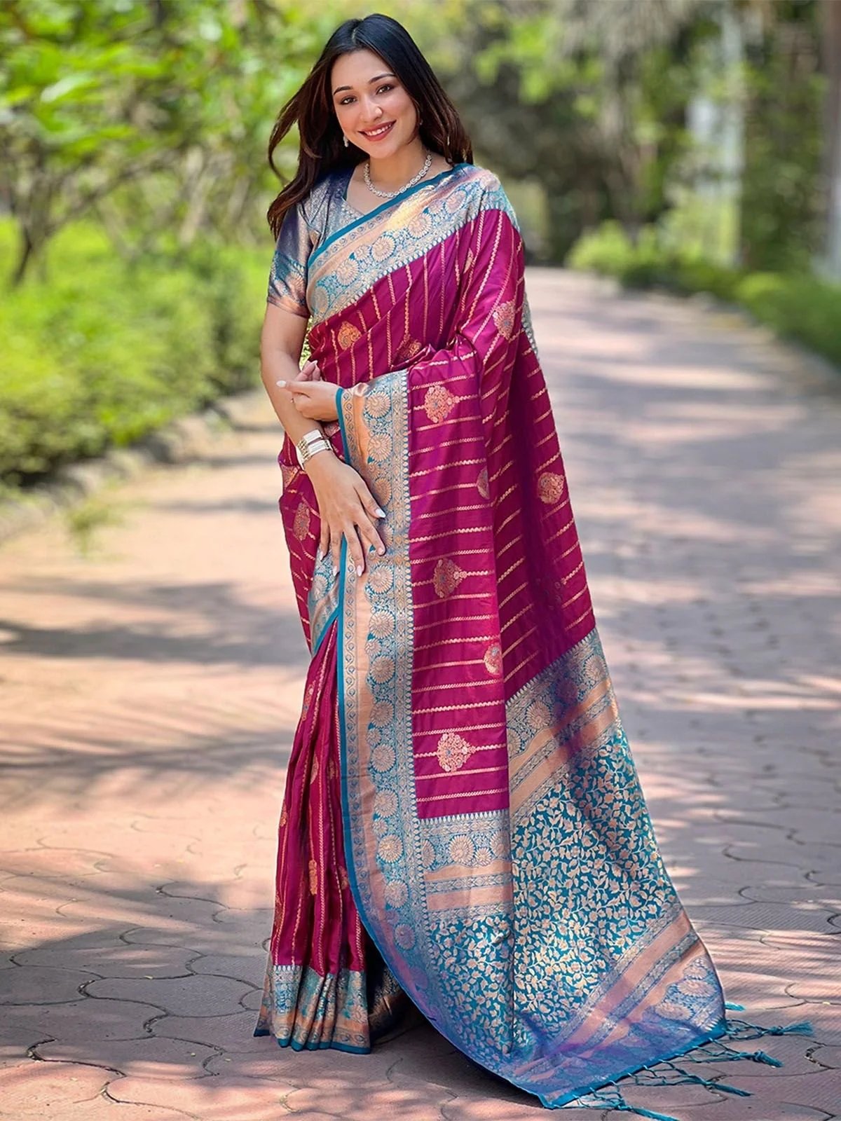 Odette Magenta Woven Design Soft Silk Saree With Unstitched Blouse For Women