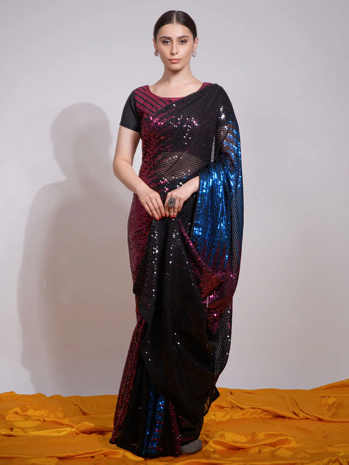 Odette Multicolor Embellished Georgette Saree With Unstitched Blouse For Women - Image 2