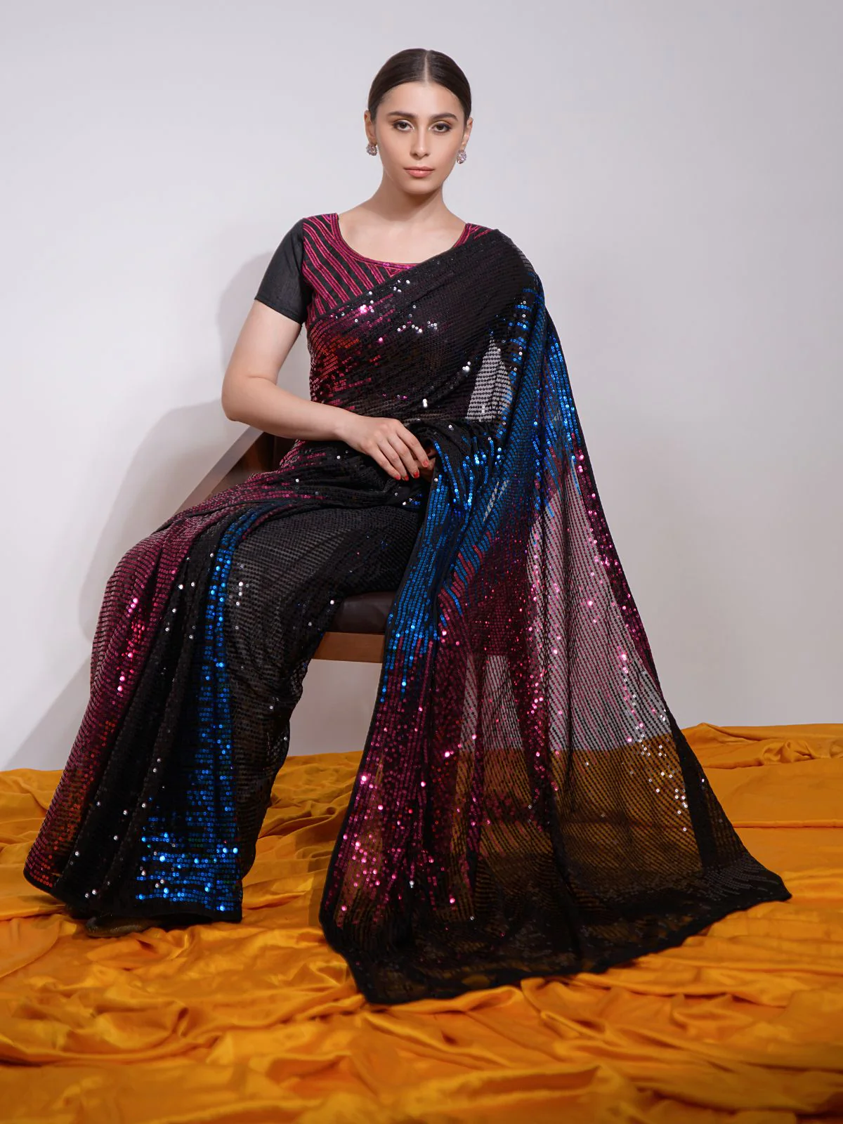 Odette Multicolor Embellished Georgette Saree With Unstitched Blouse For Women - Image 3