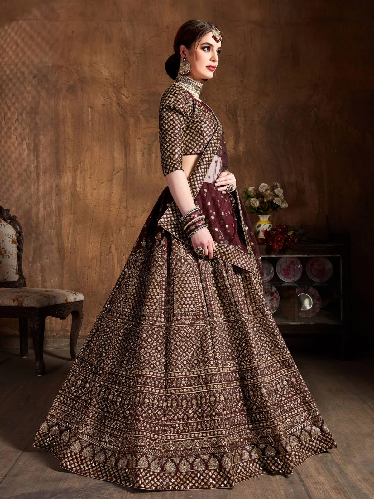 Odette Maroon And Gold Silk Blend Embroidered Semi Stitched Lehenga With Blouse For Women - Image 2