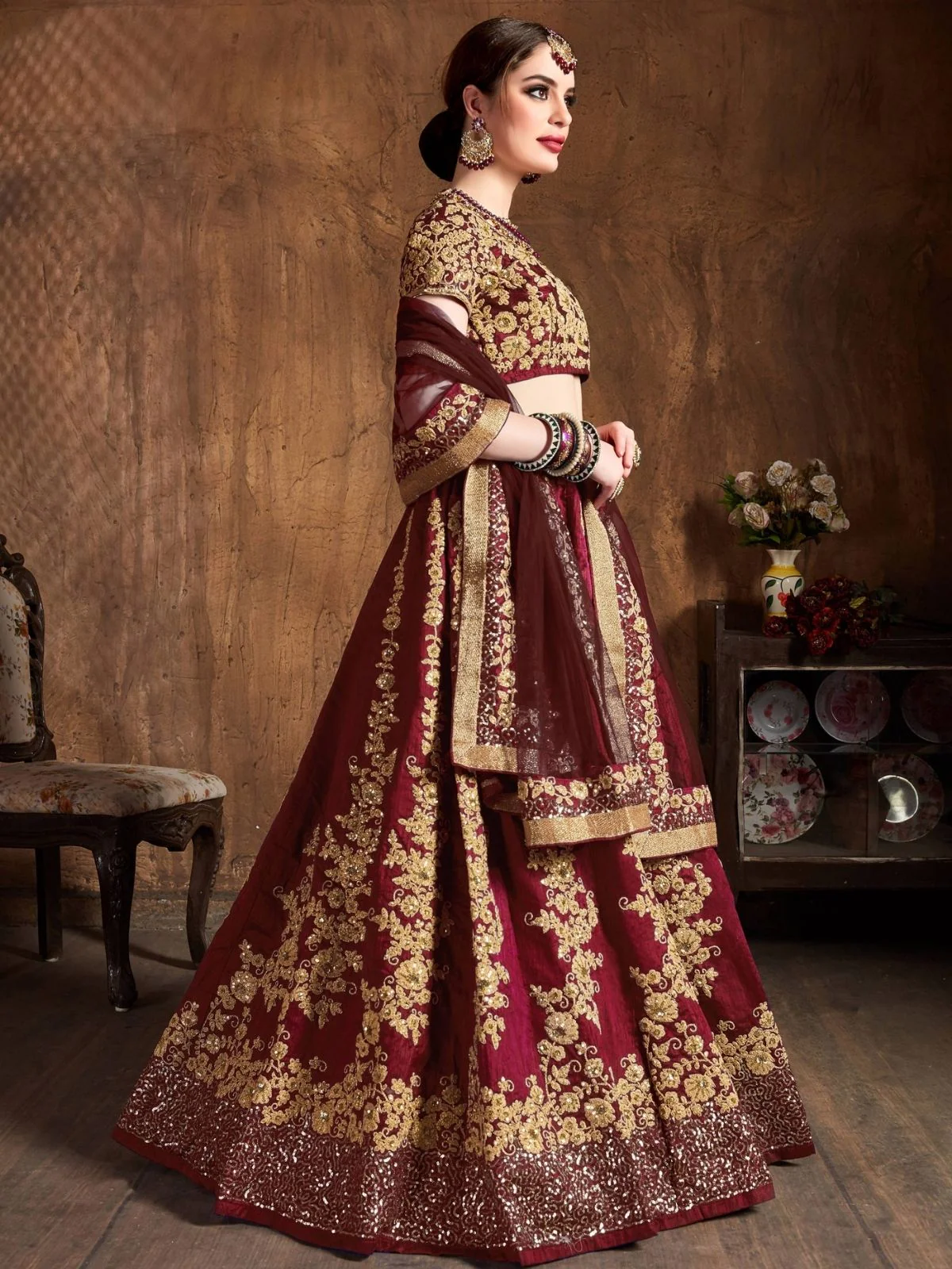 Odette Maroon And Gold Silk Blend Embroidered Semi Stitched Lehenga With Blouse For Women - Image 2