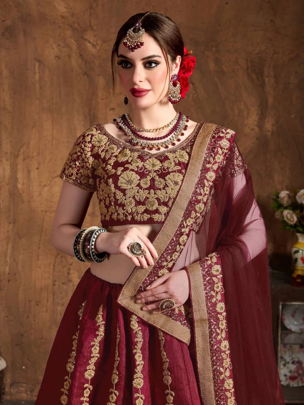 Odette Maroon And Gold Silk Blend Embroidered Semi Stitched Lehenga With Blouse For Women - Image 5