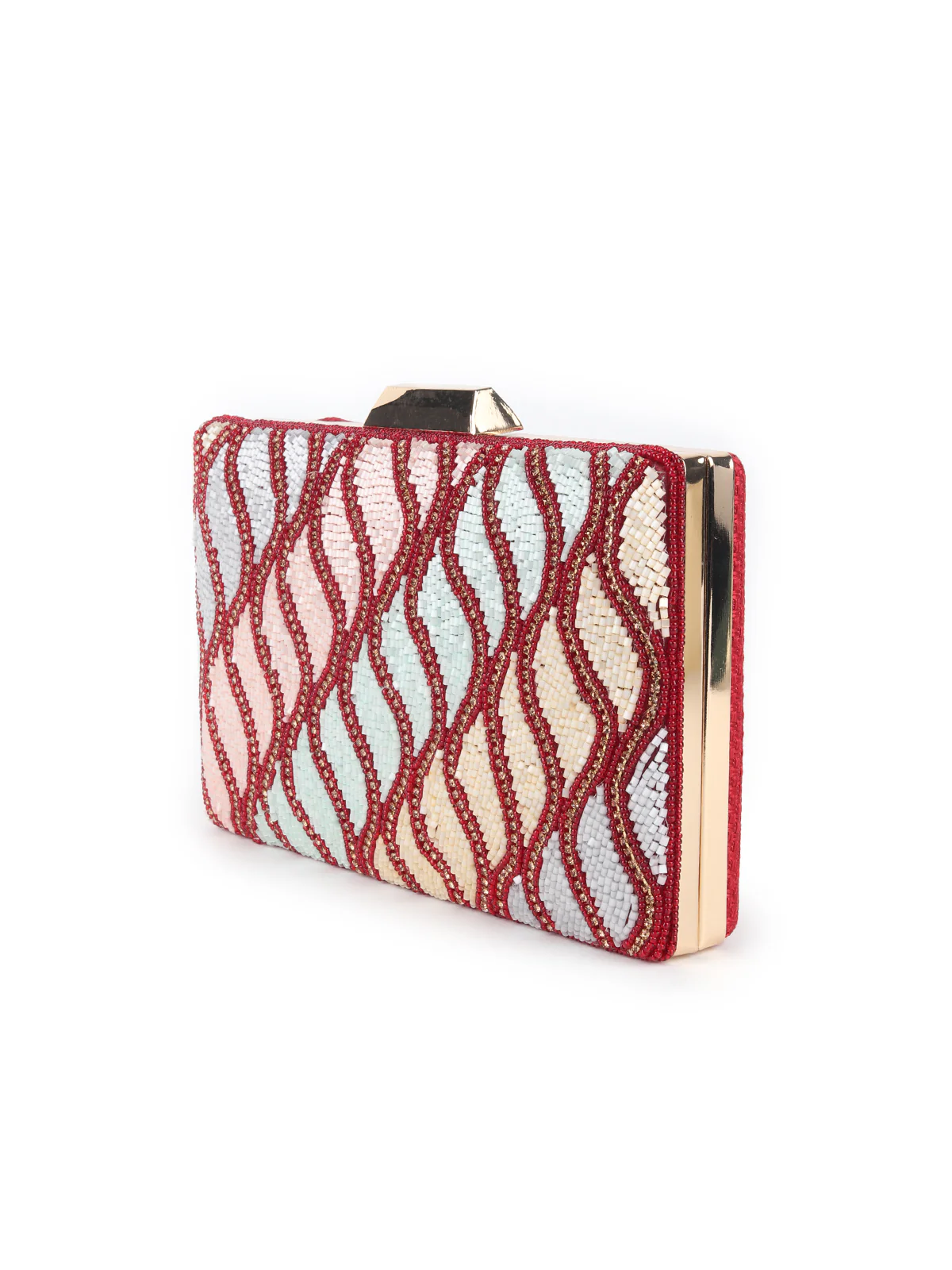 Odette Maroon and Multicolor Beads Embroidered Clutch for Women - Image 4
