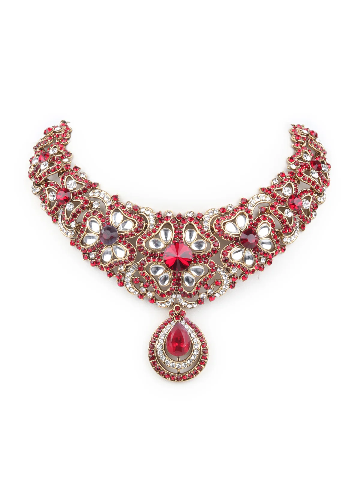 Odette Maroon and White Gemstone Embellished Jewellery Set with Maangtika for Women - Image 3