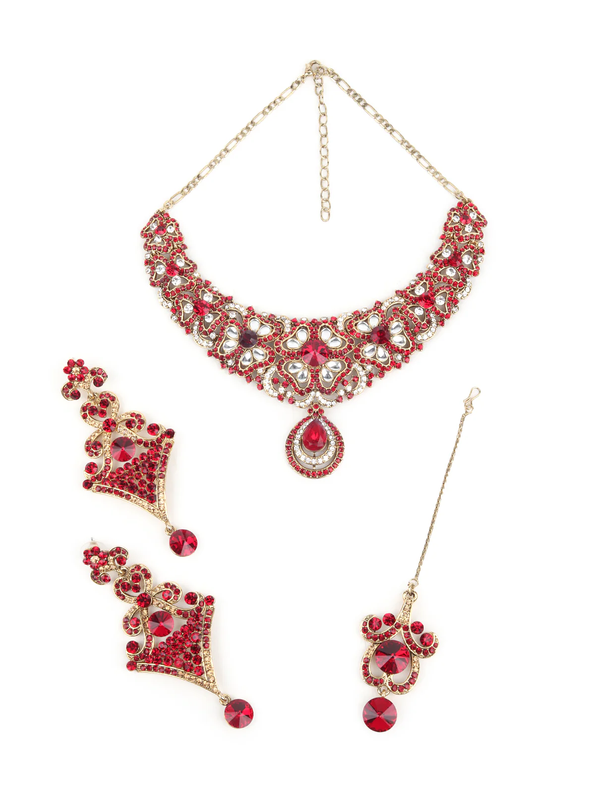 Odette Maroon and White Gemstone Embellished Jewellery Set with Maangtika for Women - Image 4