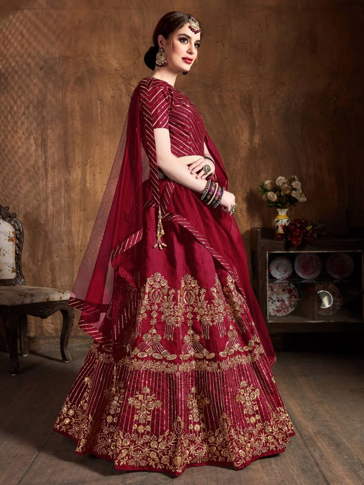 Odette Maroon Art Silk Embroidered Semi Stitched Lehenga With Blouse For Women - Image 2