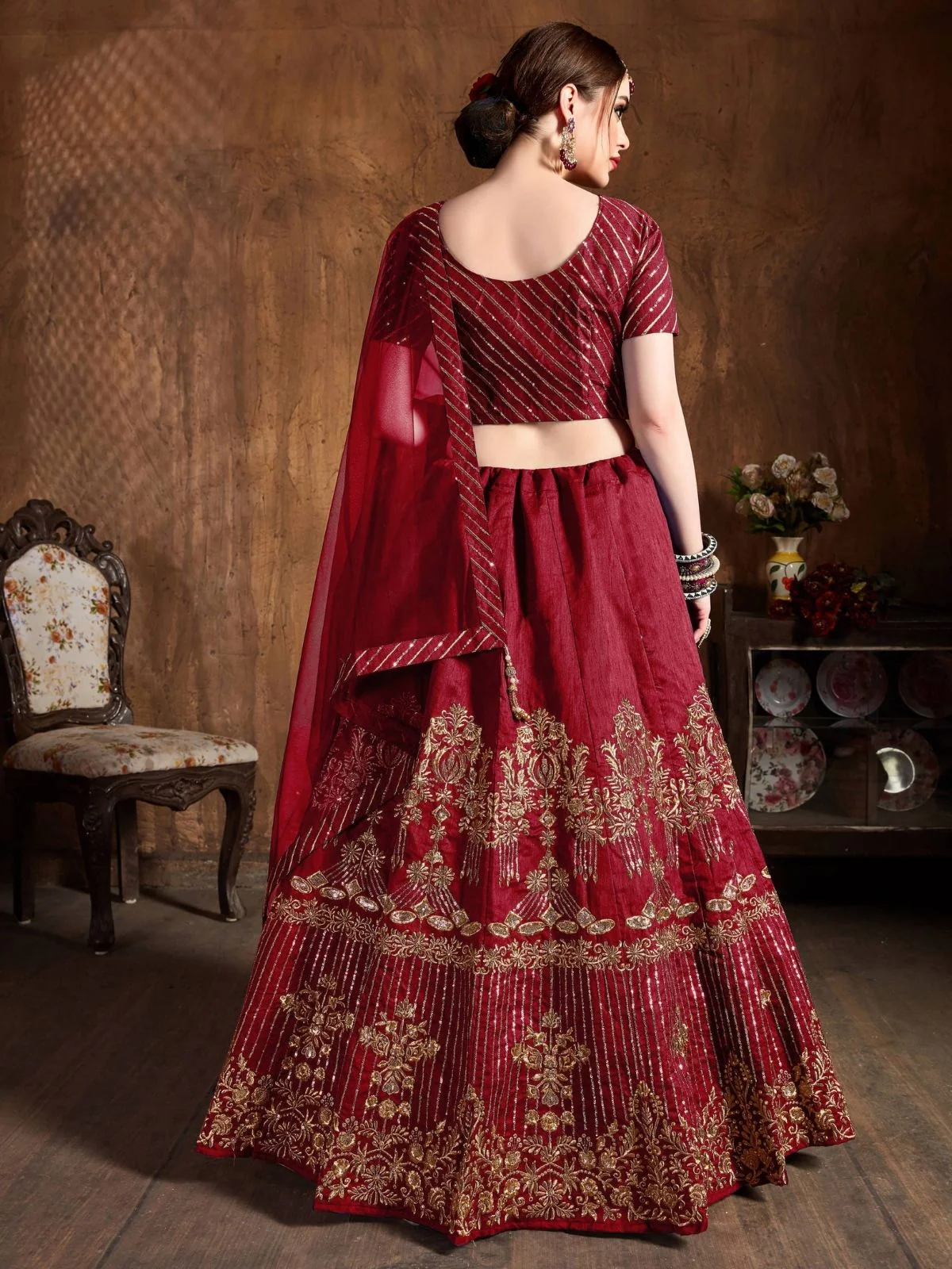 Odette Maroon Art Silk Embroidered Semi Stitched Lehenga With Blouse For Women - Image 3