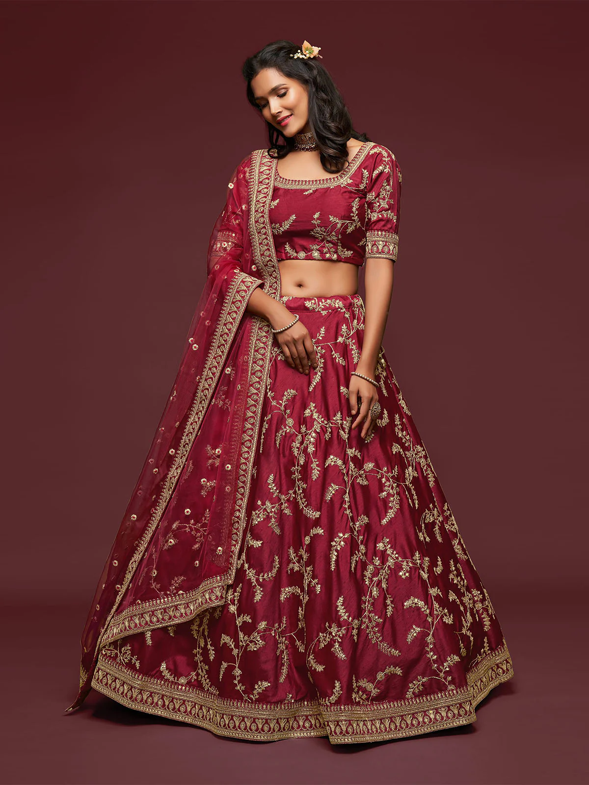 Odette Maroon Art Silk Embroidered Semi Stitched Lehenga With Unstitched Blouse For Women - Image 2