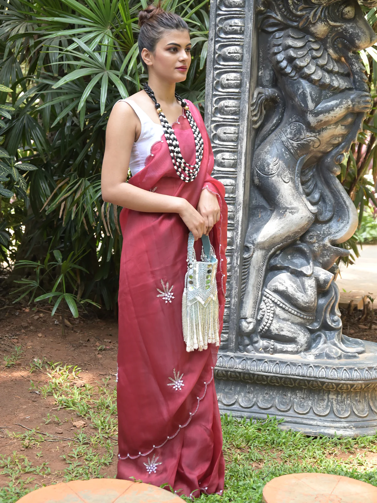 Odette Maroon Beads Embroidered Khadi Organza Saree with Unstitched Blouse for Women - Image 2